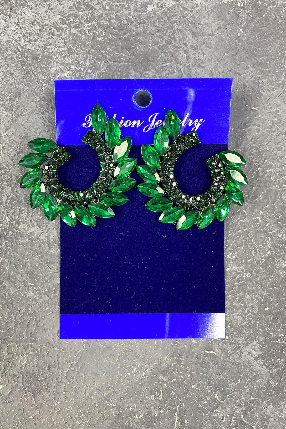 Yeşil Mekik Hera Yaprak Desen Taşlı Abiye Küpe