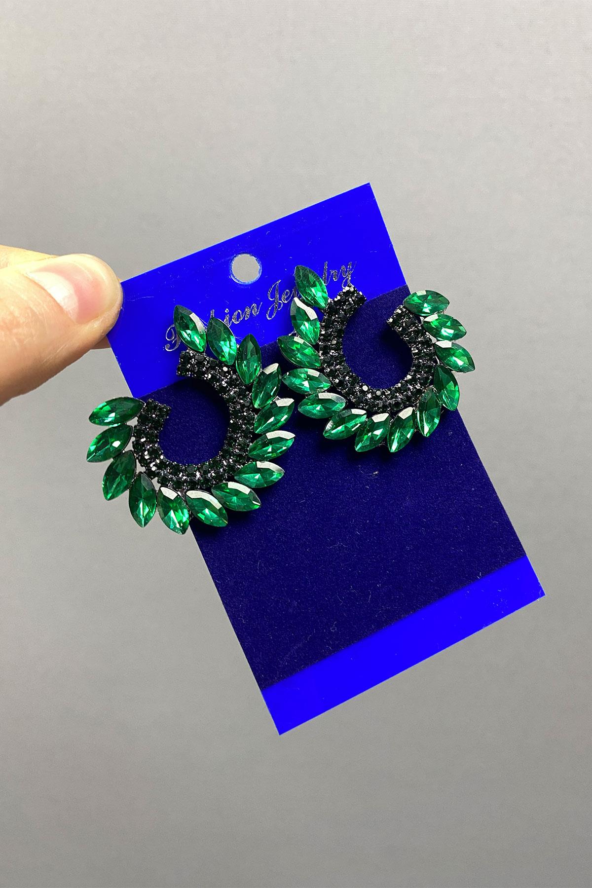 Yeşil Mekik Hera Yaprak Desen Taşlı Abiye Küpe