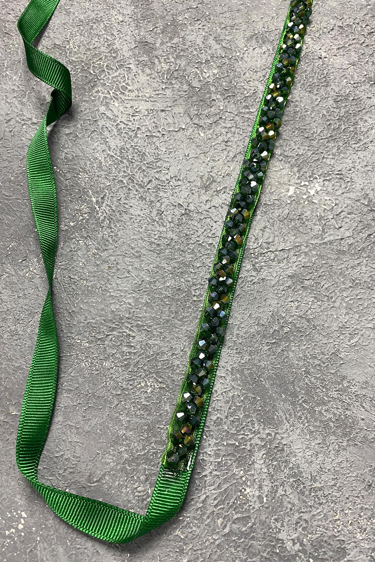 Zümrüt Yeşili Kristal Boncuklu Abiye Elbise Kemer Aksesuarı