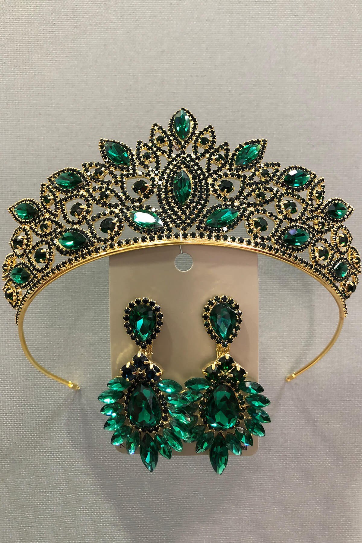 Zümrüt Yeşili Kristal Cam Taşlı Altın Rengi Gelin Tacı ve Küpe Takımı