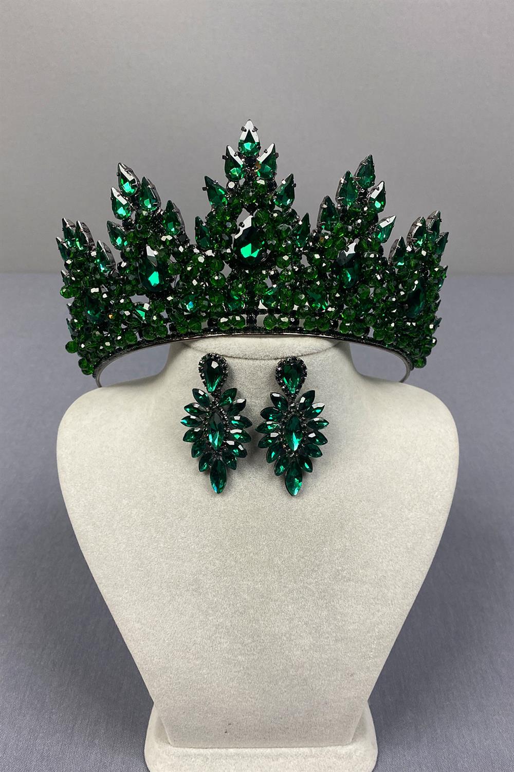 Zümrüt Yeşili Lotus Boncuk İşlemeli Gelin Kına Tacı Ve Mekik Küpe Seti