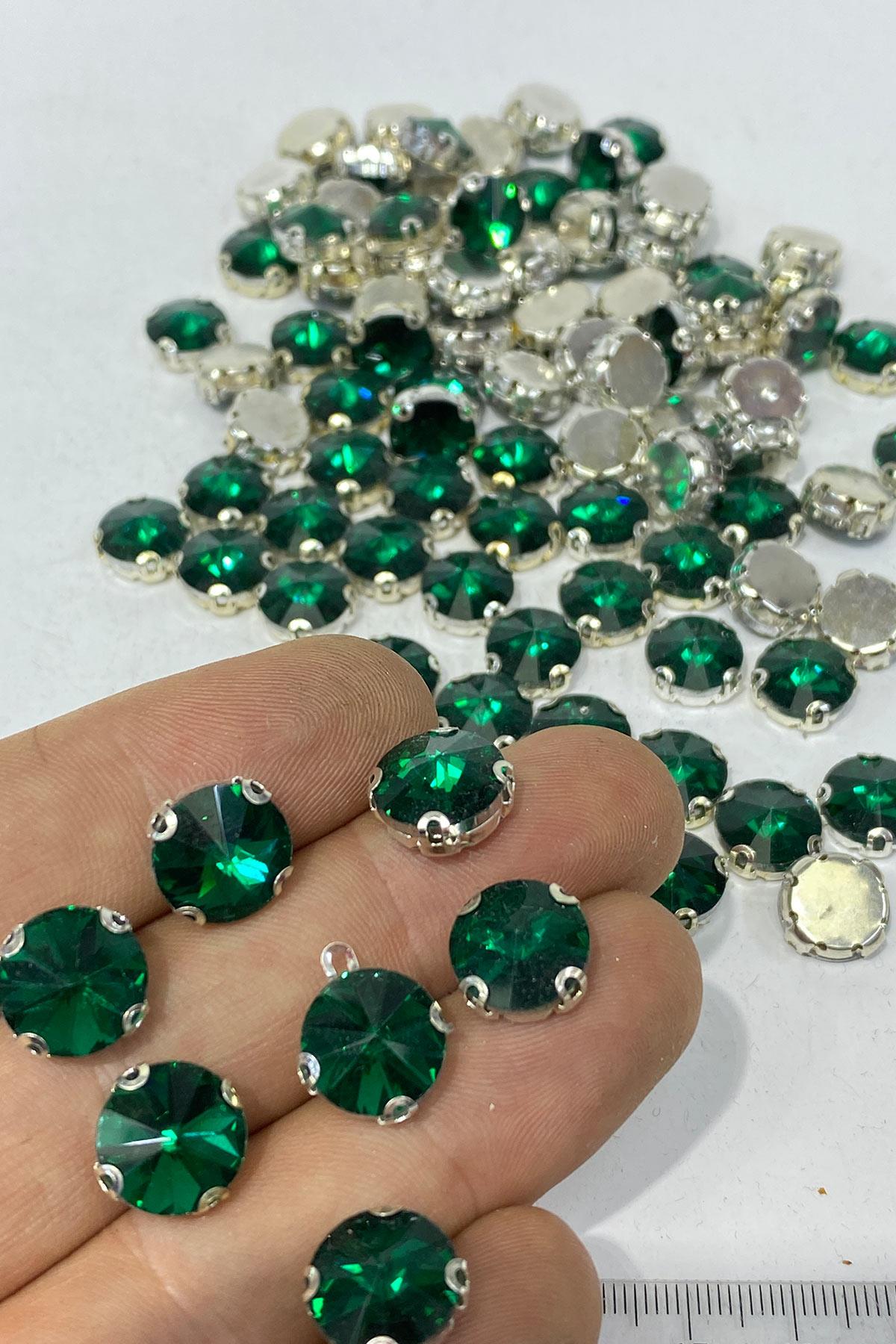 Zümrüt Yeşili Yuvarlak Kasalı Dikme Cam Taş Kristal Boncuk 10 Adet