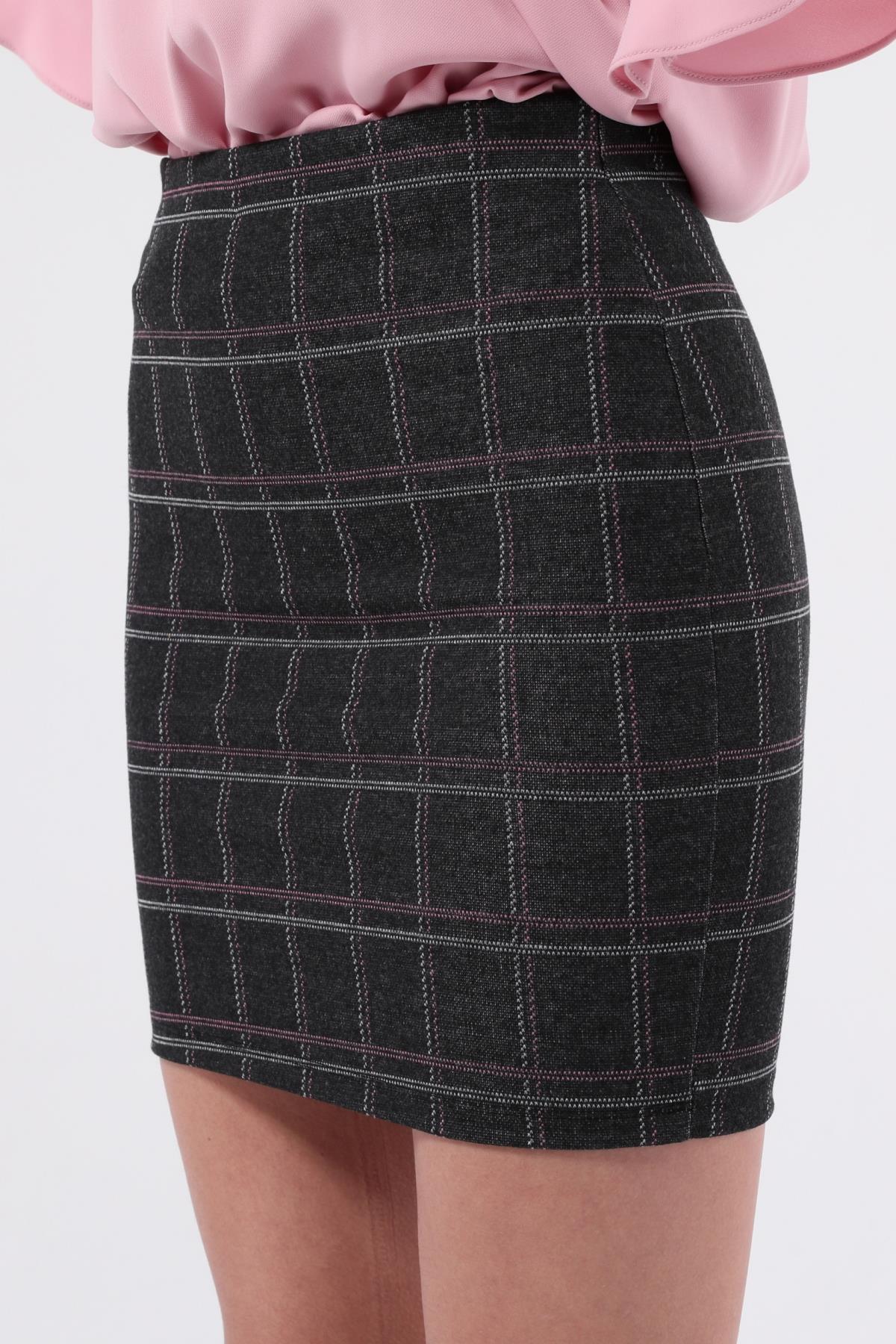 SEZER AKTAŞ ANTRASİT KARELİ DAR MİNİ ETEK