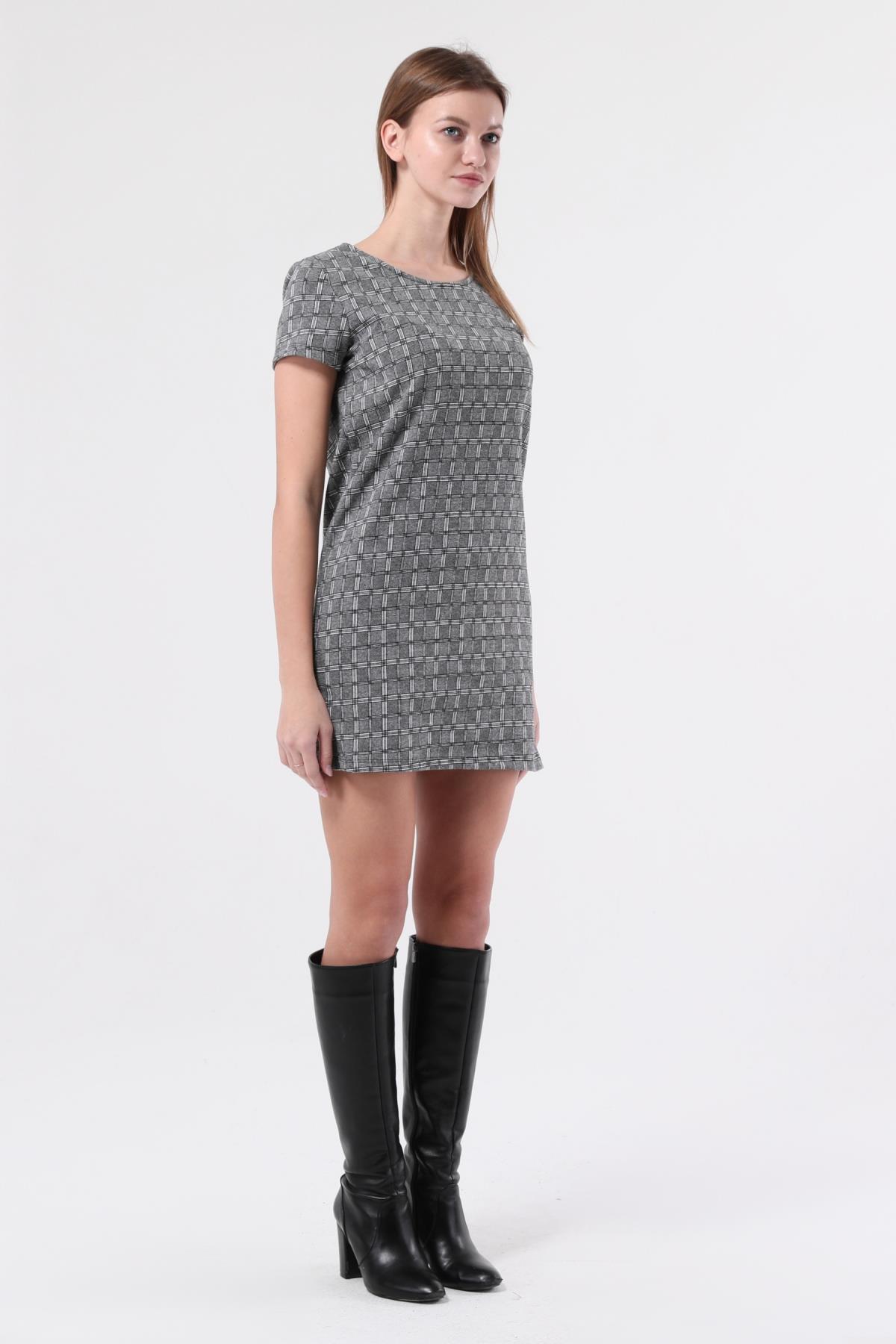 SEZER AKTAŞ ANTRASİT KARELİ MİNİ ELBİSE