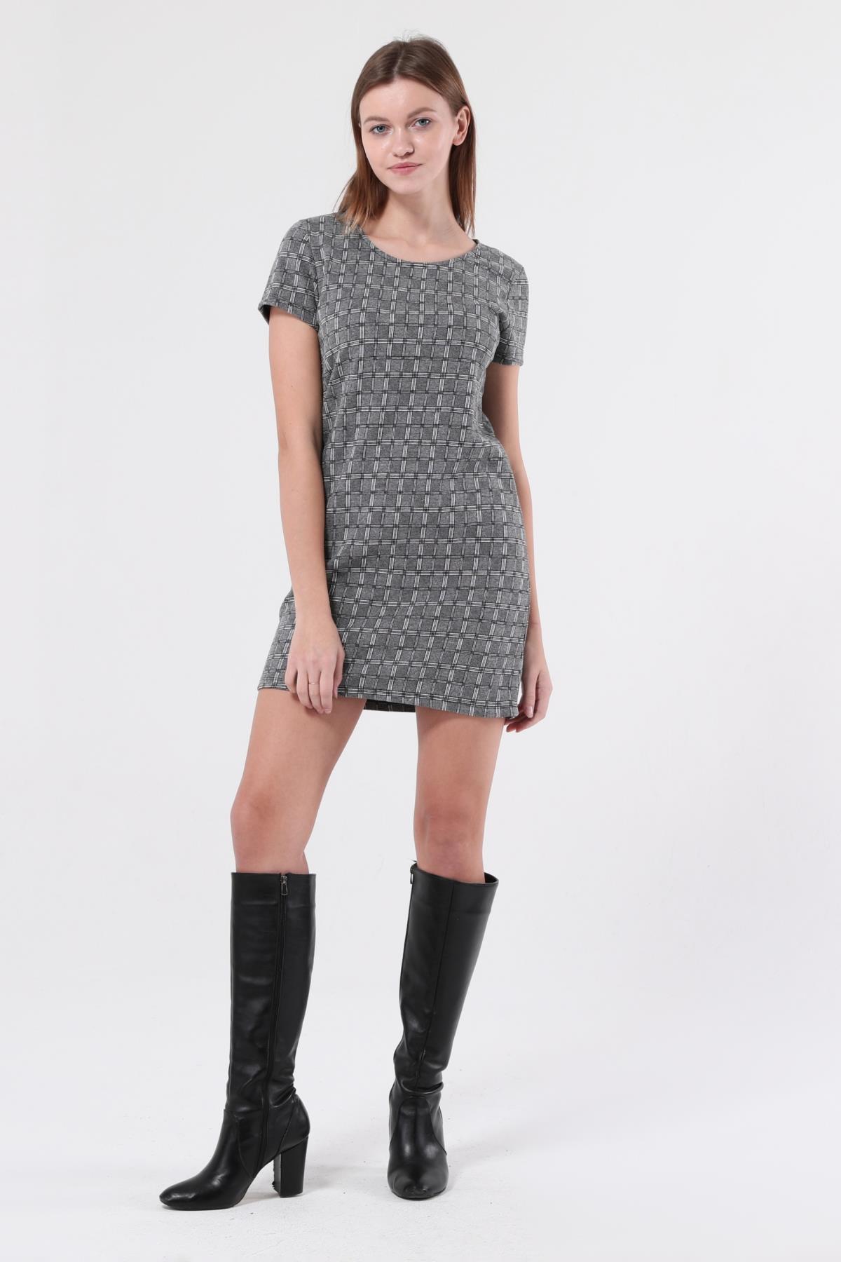 SEZER AKTAŞ ANTRASİT KARELİ MİNİ ELBİSE