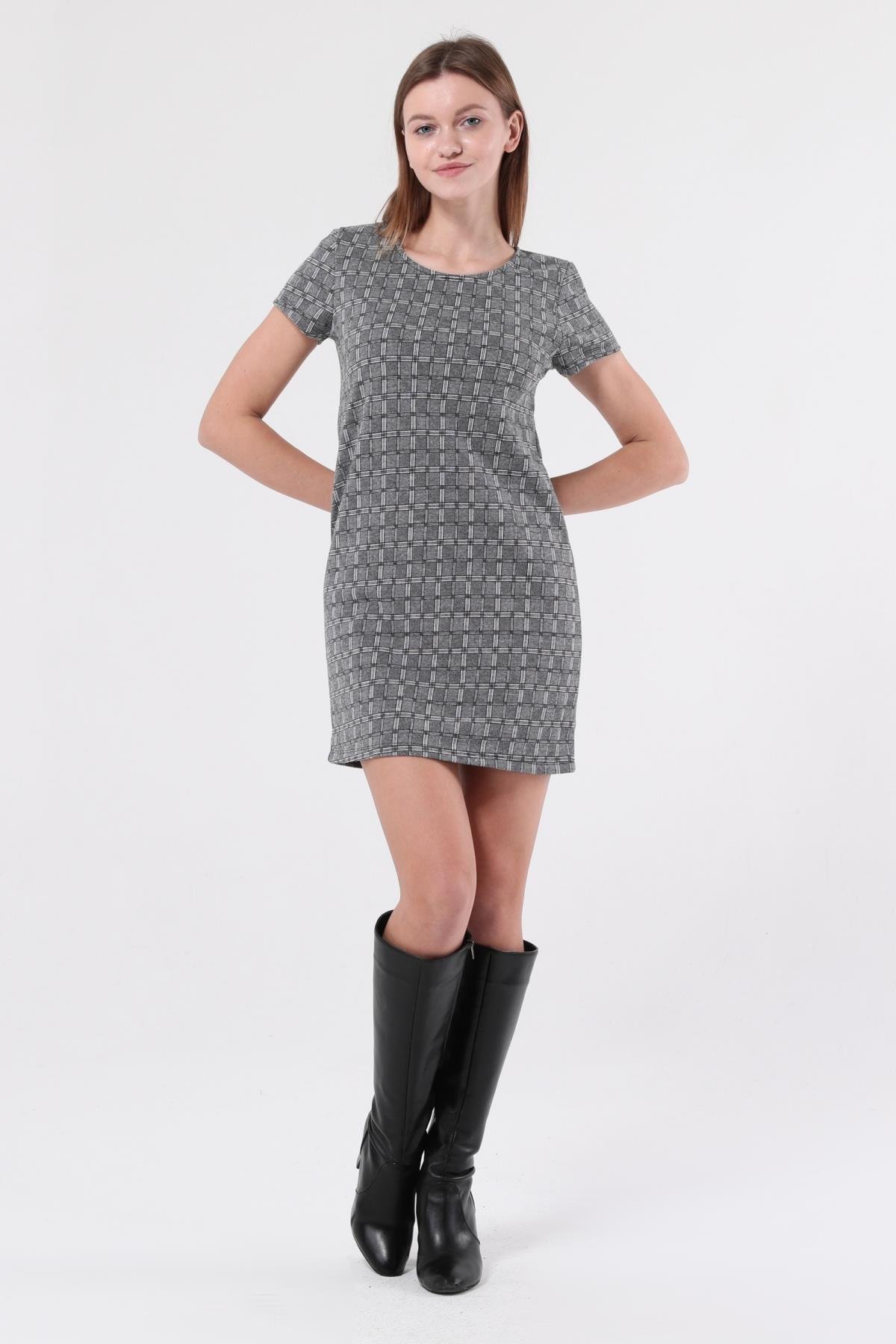 SEZER AKTAŞ ANTRASİT KARELİ MİNİ ELBİSE