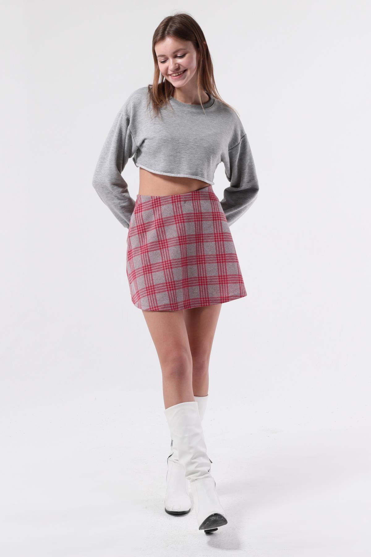 SEZER AKTAŞ GRİ EKOSE ÇİZGİLİ MİNİ KİLOŞ ETEK