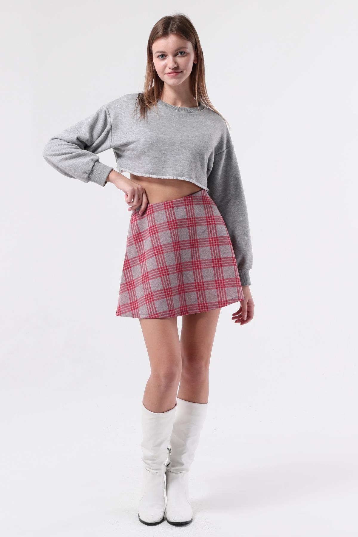 SEZER AKTAŞ GRİ EKOSE ÇİZGİLİ MİNİ KİLOŞ ETEK