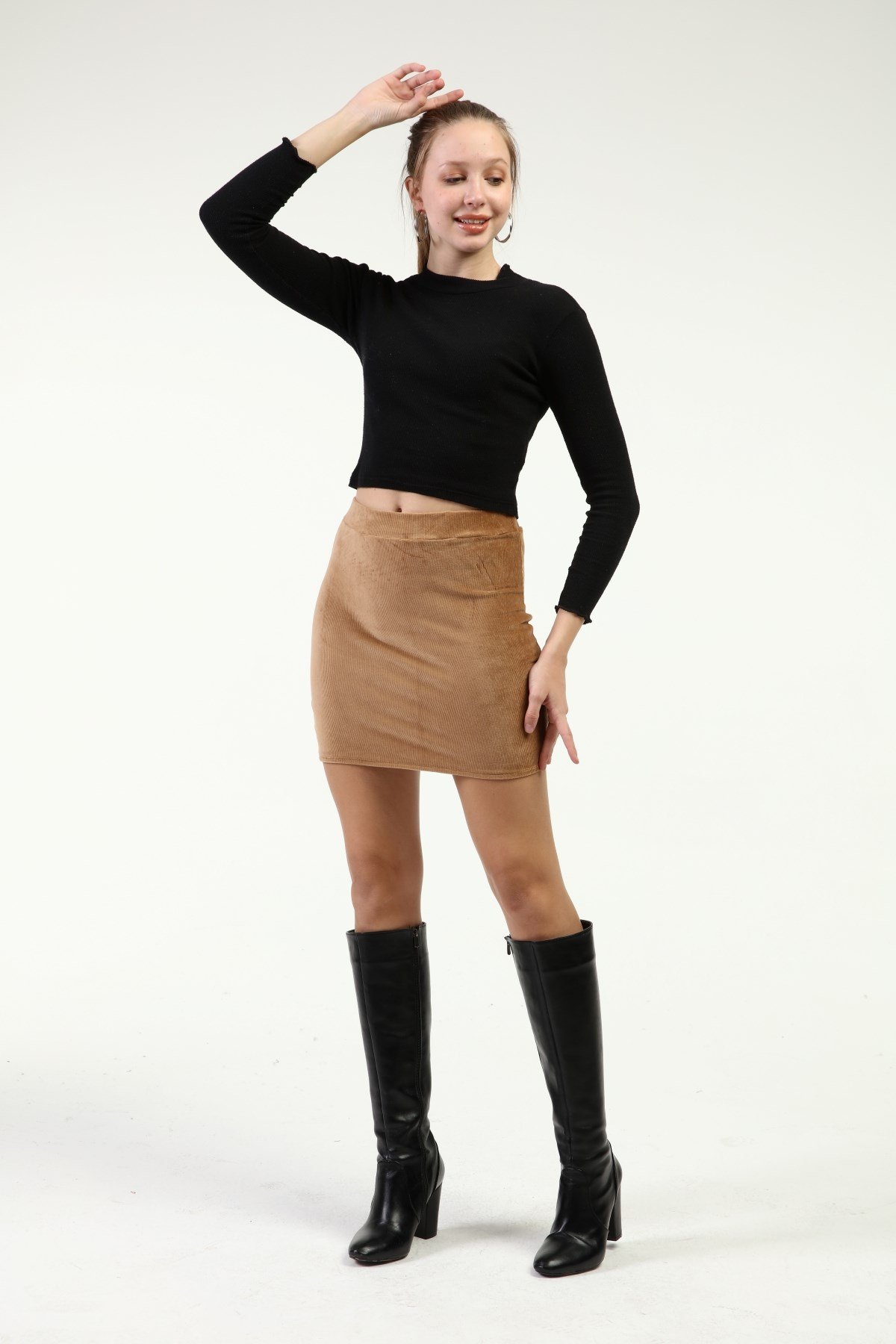 Sezer Aktaş Kadife Kahverengi Mini Etek