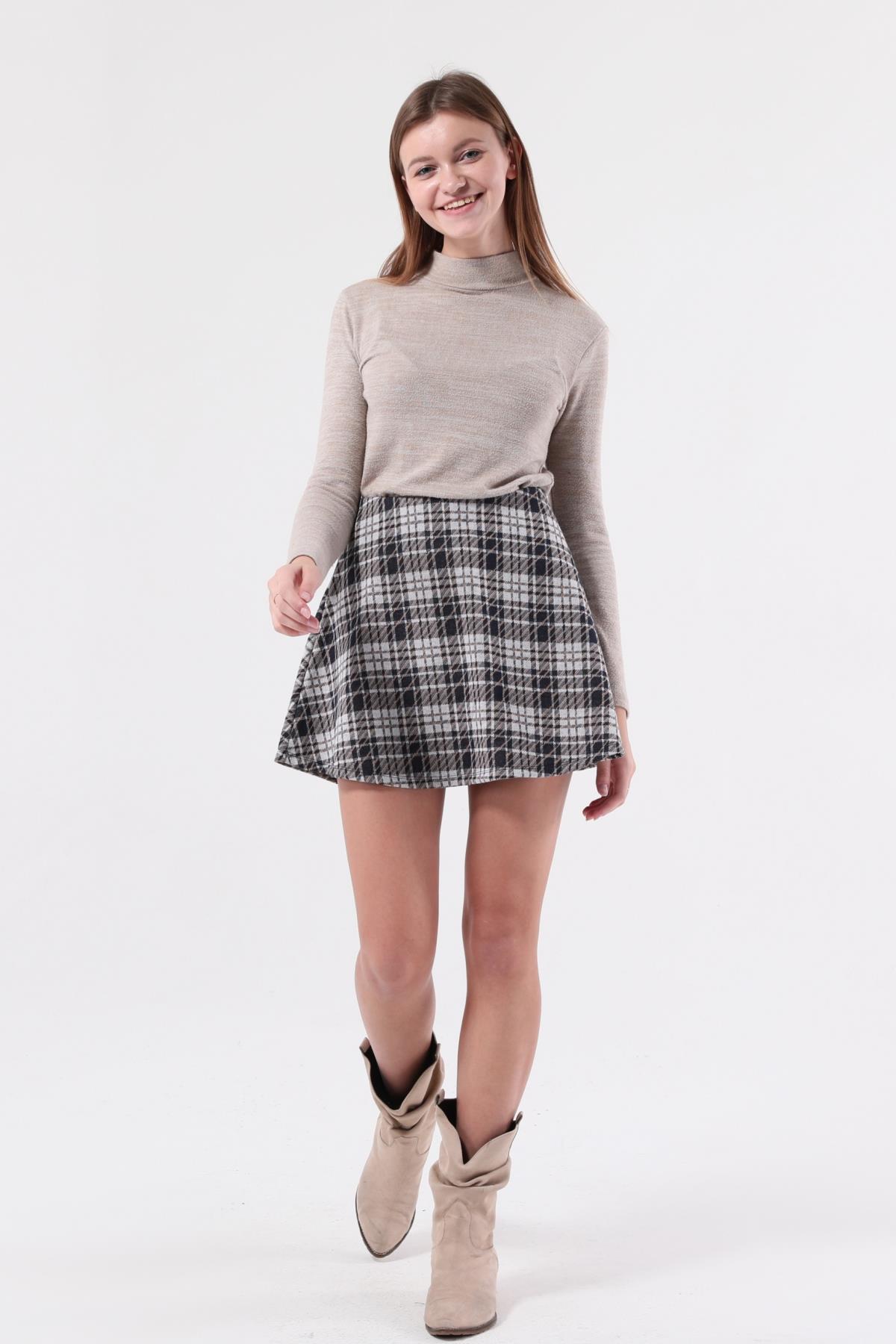 SEZER AKTAŞ KAHVERENGİ EKOSE MİNİ KLOŞ ETEK