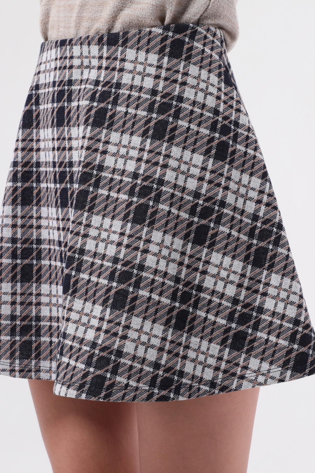 SEZER AKTAŞ KAHVERENGİ EKOSE MİNİ KLOŞ ETEK