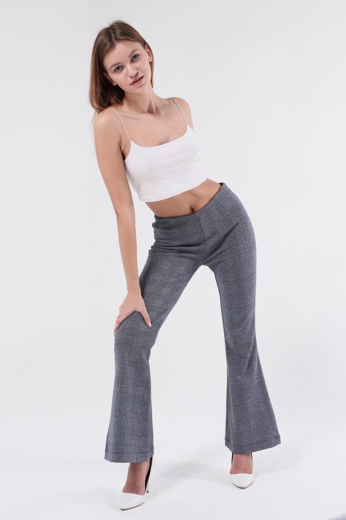 SEZER AKTAŞ MAVİ EKOSELİ İSPANYOL PAÇA PANTOLON