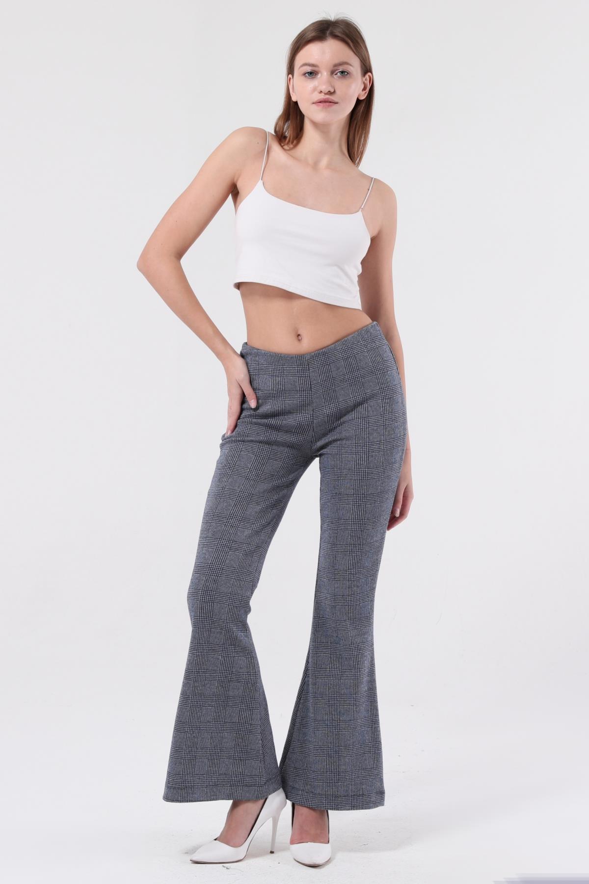 SEZER AKTAŞ MAVİ EKOSELİ İSPANYOL PAÇA PANTOLON