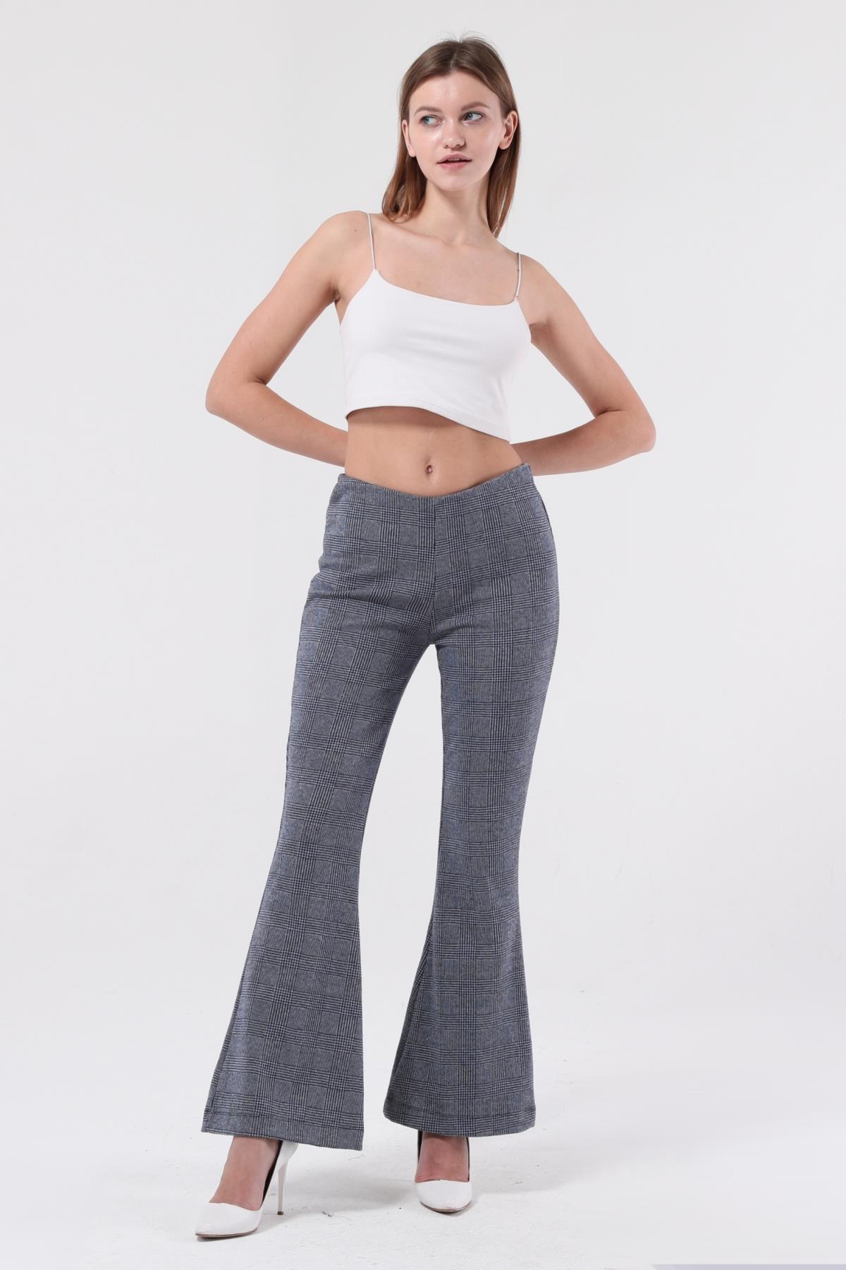 SEZER AKTAŞ MAVİ EKOSELİ İSPANYOL PAÇA PANTOLON