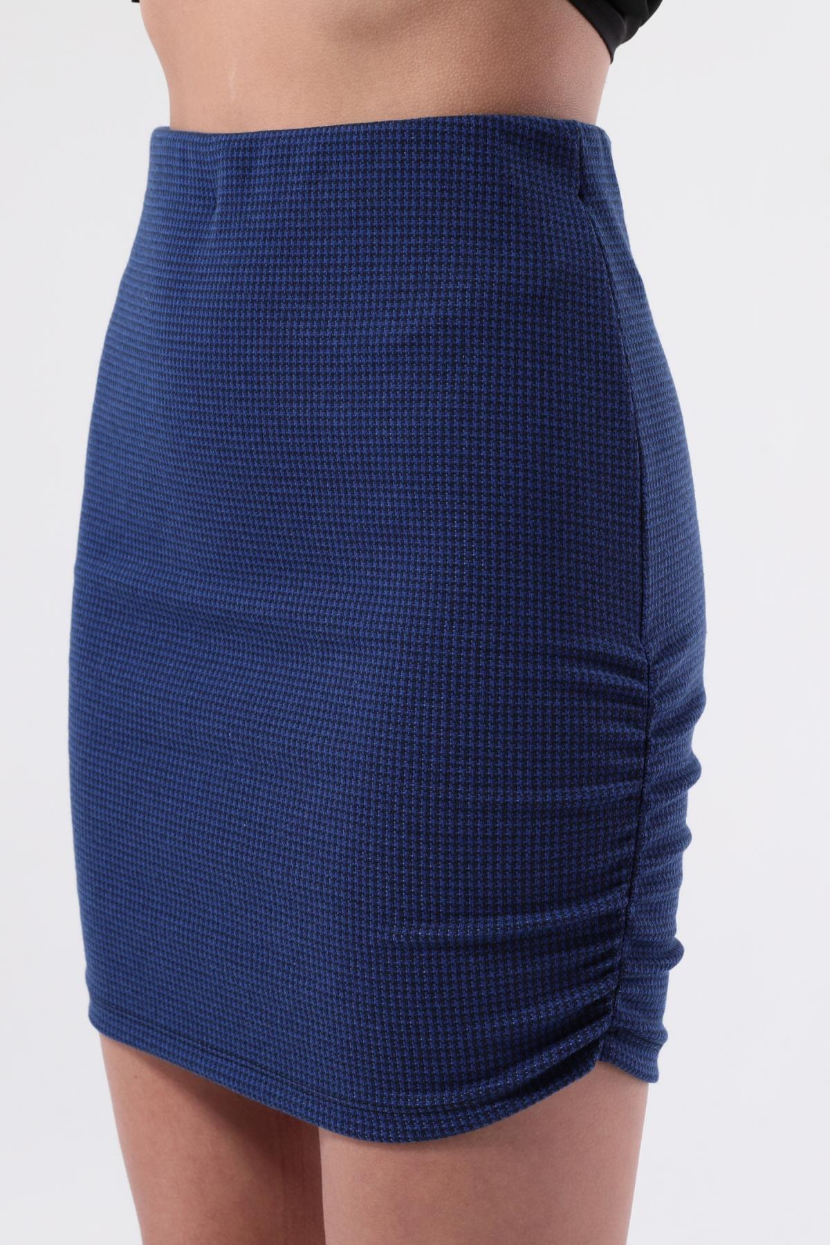 SEZER AKTAŞ MAVİ KAZAYAĞI YANI BÜZGÜLÜ MİNİ ETEK