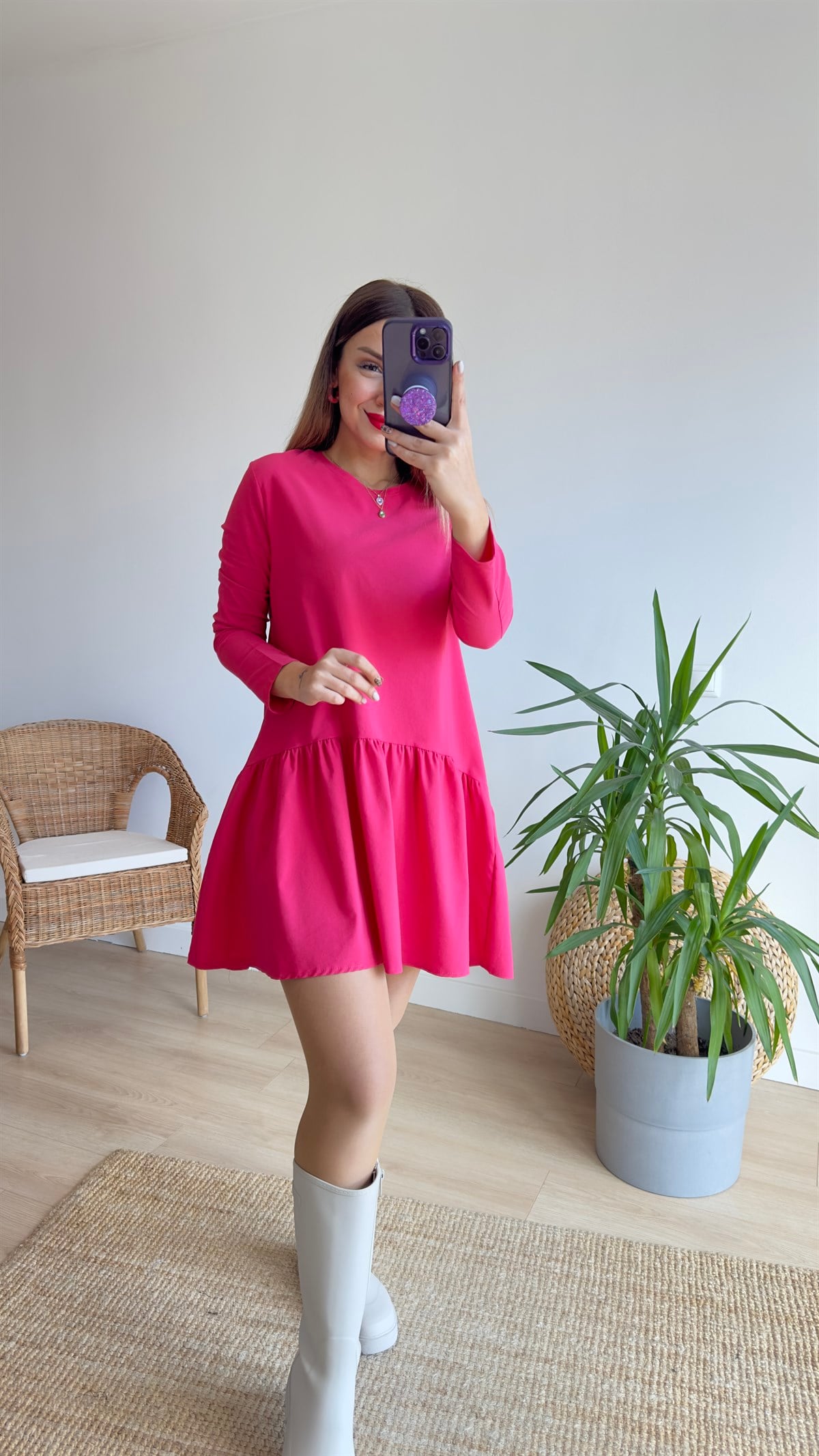 Orijinal Marka Uzun Kol Pembe Basic Elbise 