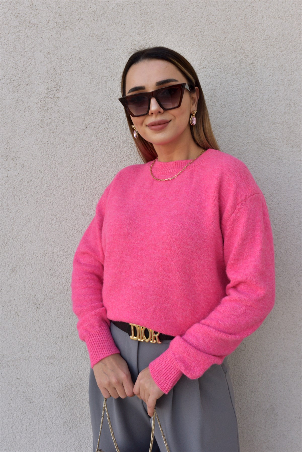 Pembe Bisiklet Yaka Basic Kazak