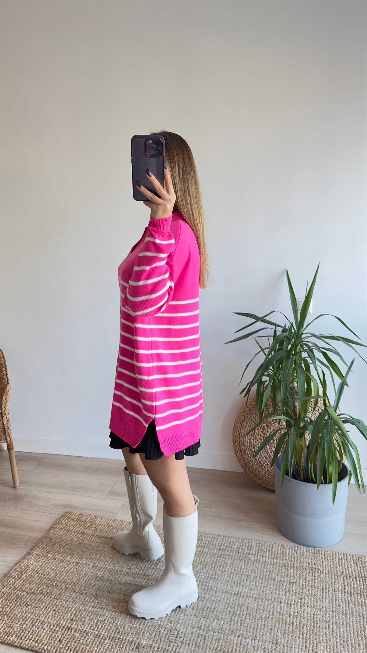 Polo Yaka İnce Çizgili Pembe Triko