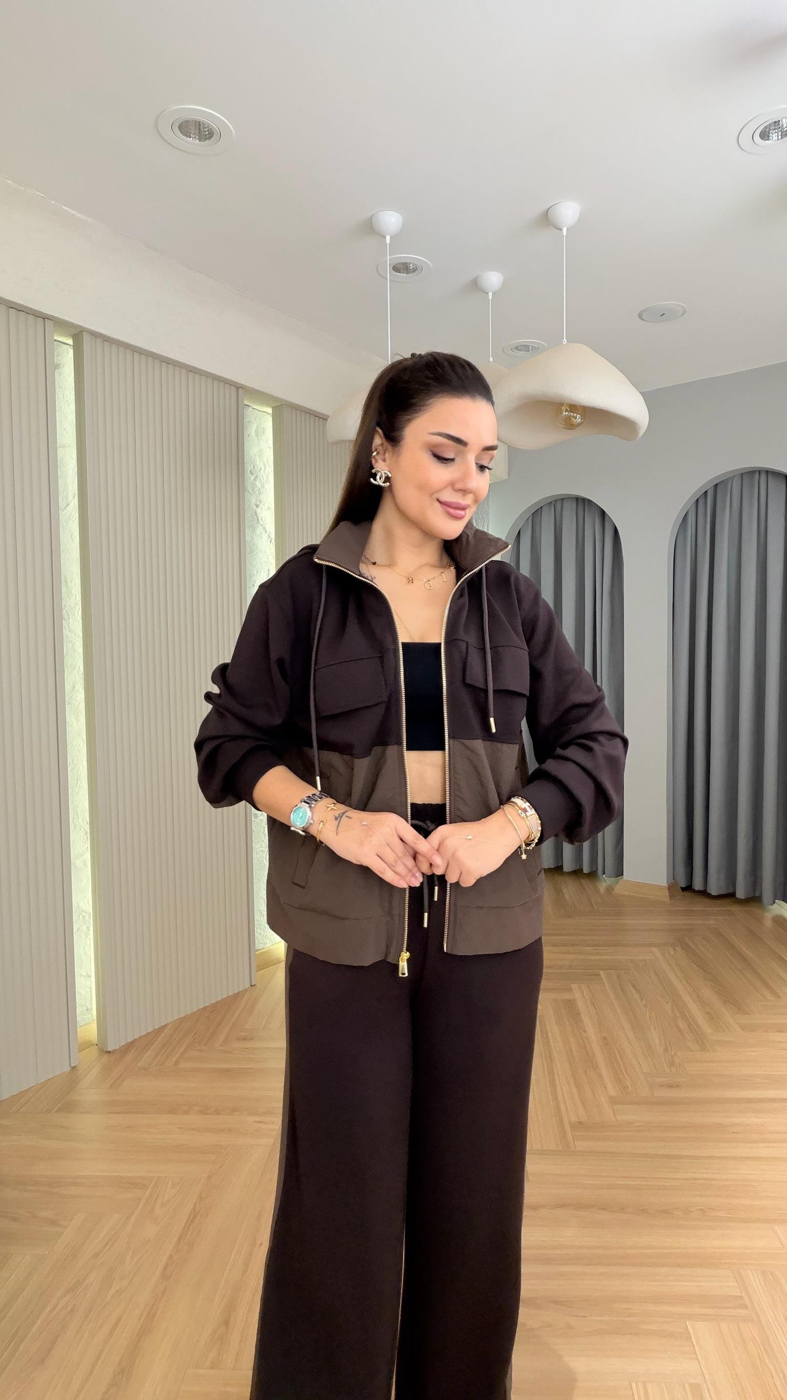 Kahve Lofen Paraşüt Garnili Kapüşonlu Modal Takım