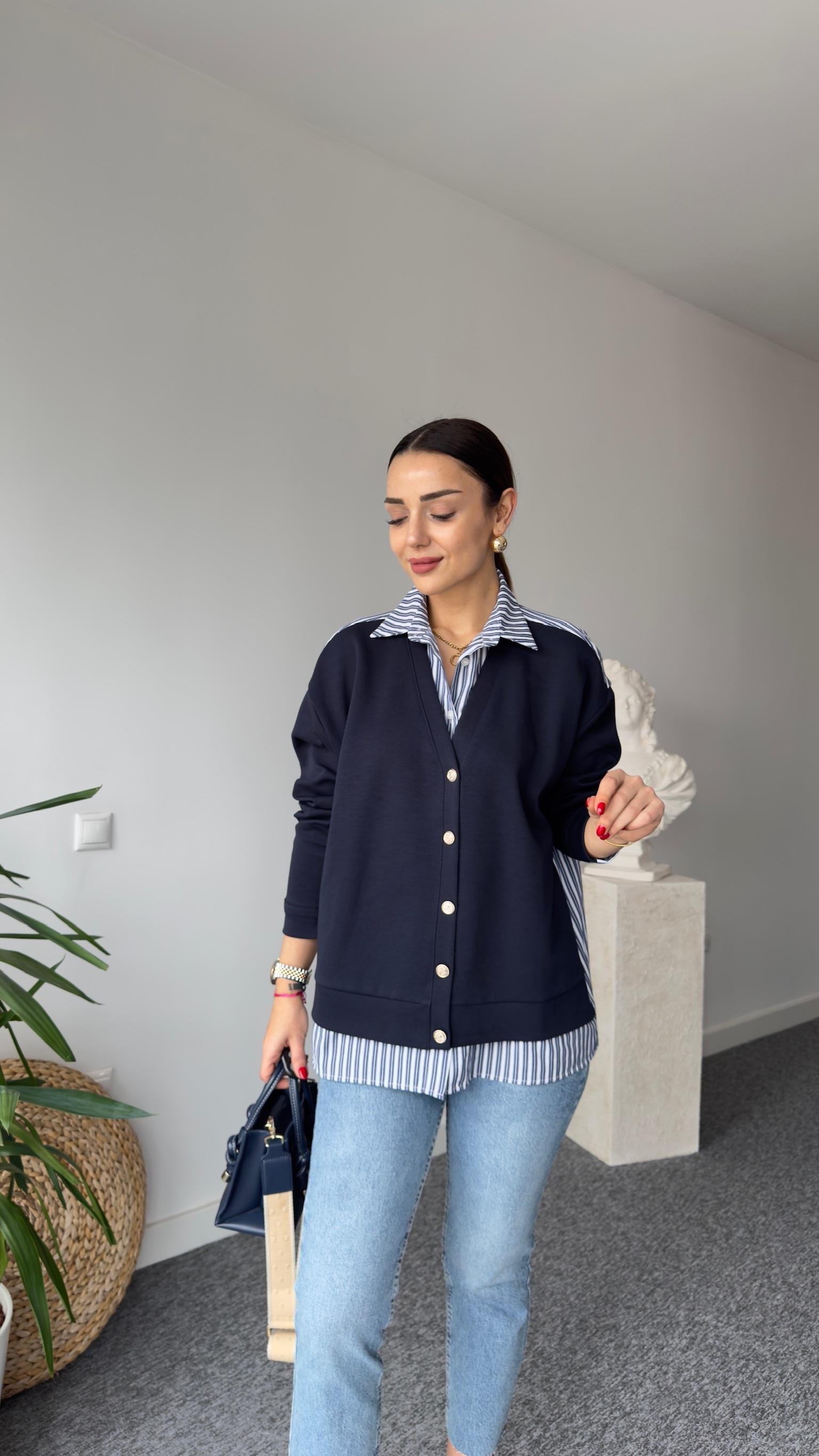 Lacivert Poplin Gömlek Detaylı Sweat Hırka