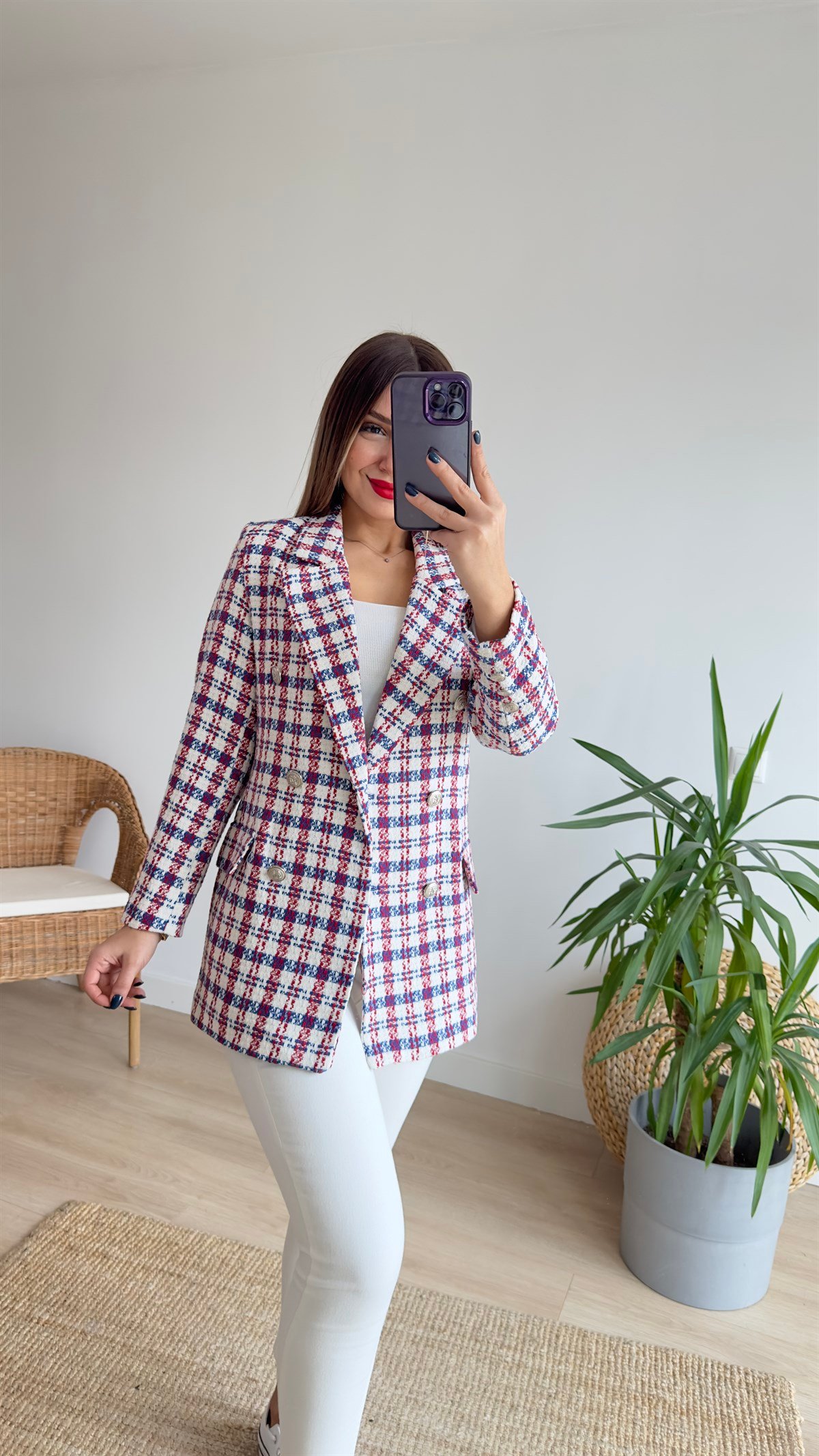 Kırmızı Mavi Ekoseli Blazer Ceket 