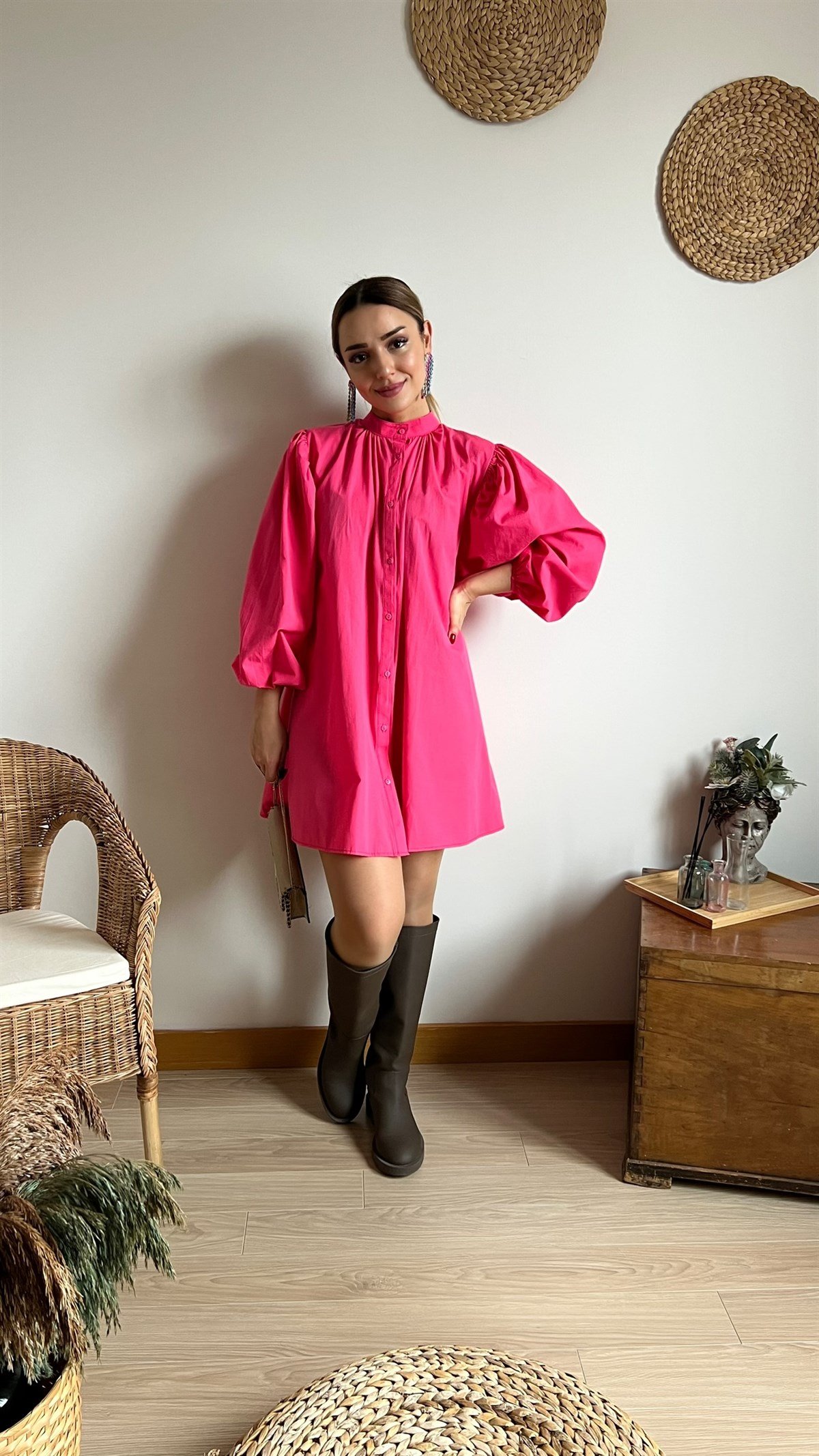 Sırtı Büzgülü Salaş Pembe Elbise