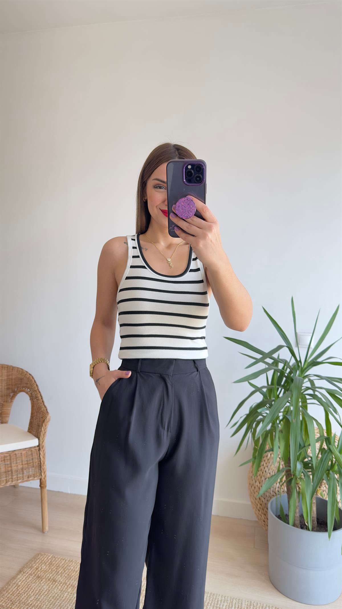 İlya Çizgili U Yaka Çizgili Crop