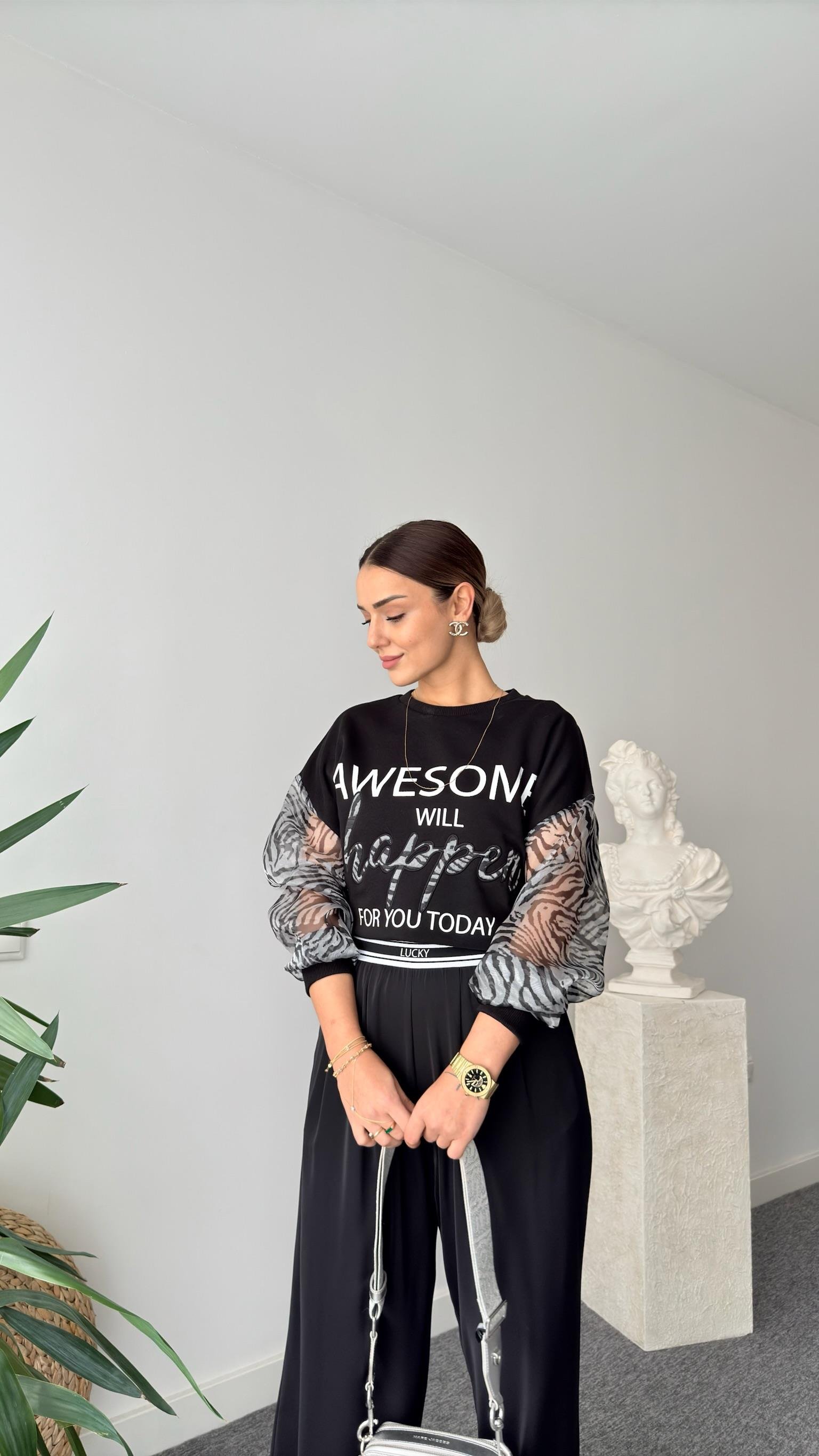 Fironi Kollar Organze Yazılı Siyah Sweat