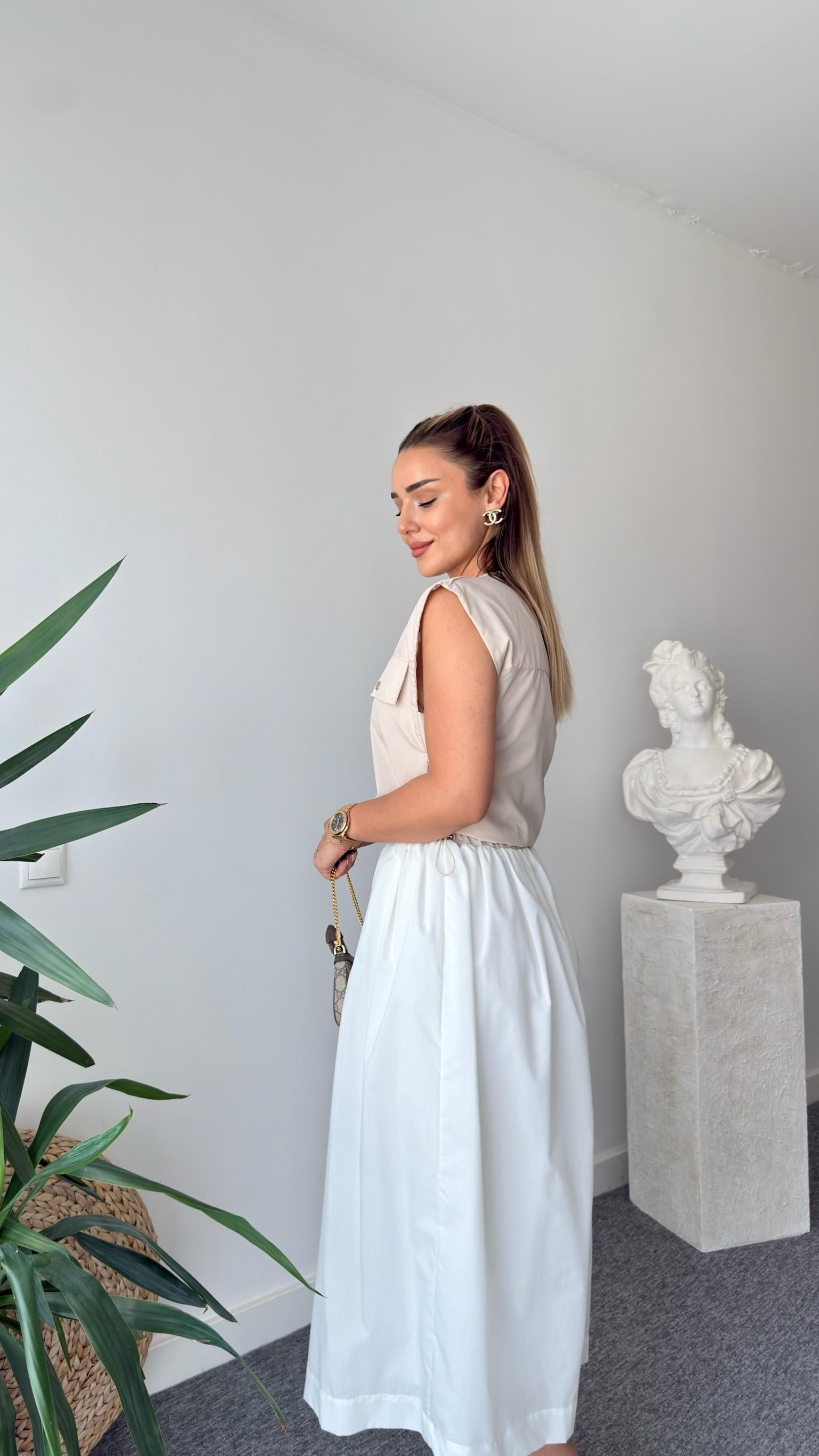 Beyaz Niasse Bel Büzgülü Zra Model Elbise 