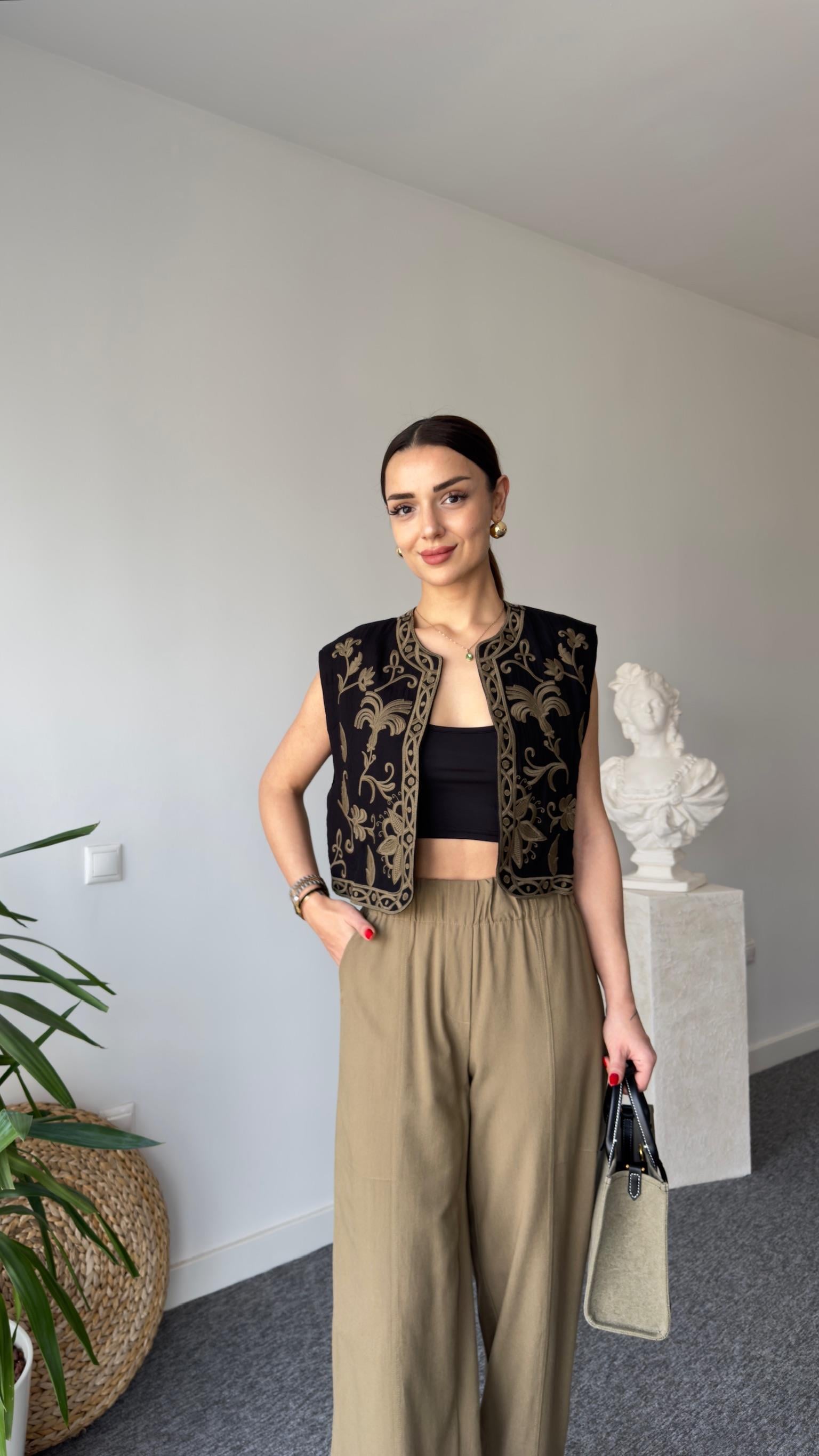 Mex Zra Model Nakışlı Keten Yelek