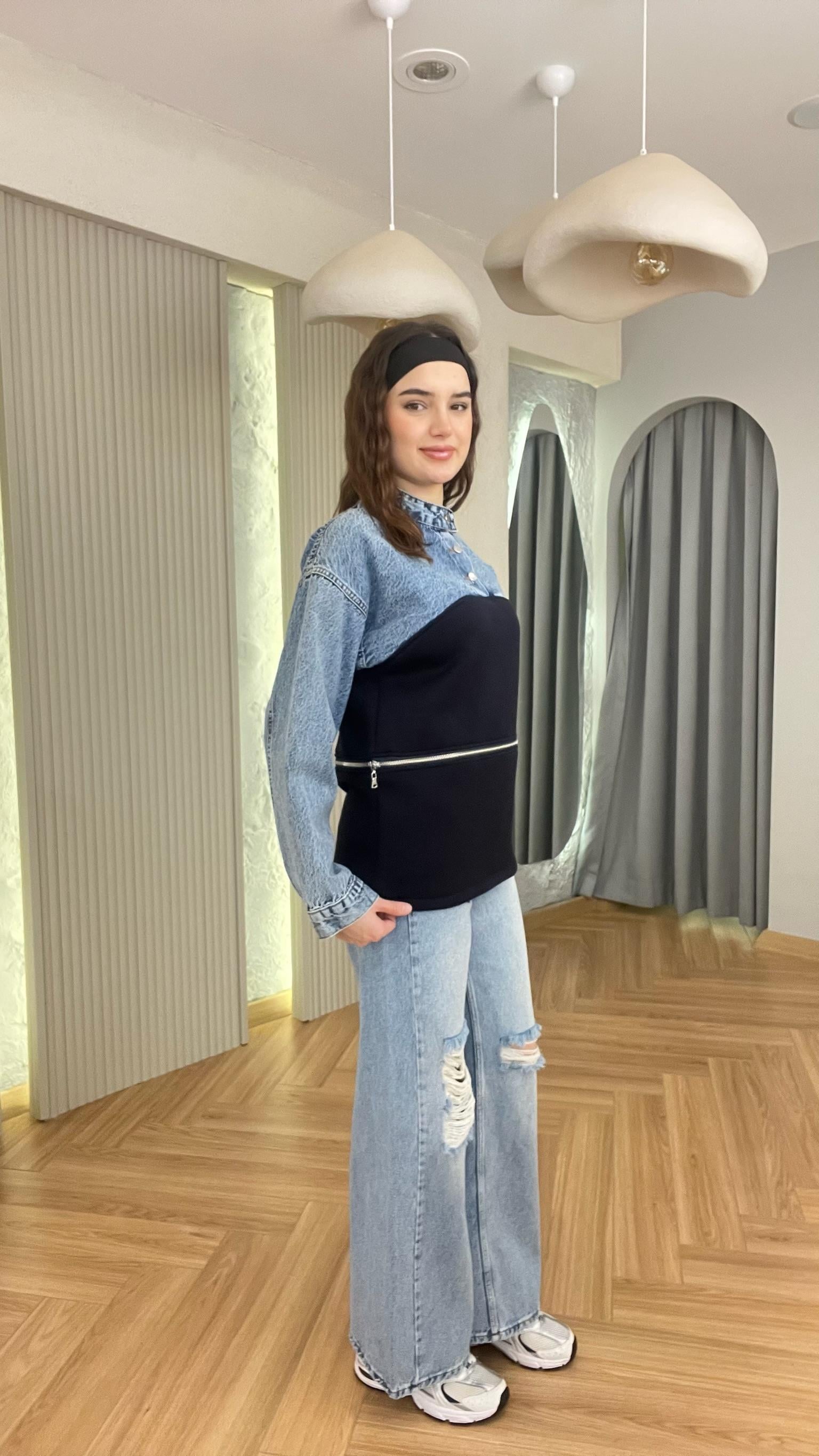 Mavi Kot Garnili Fermuarlı Sweat