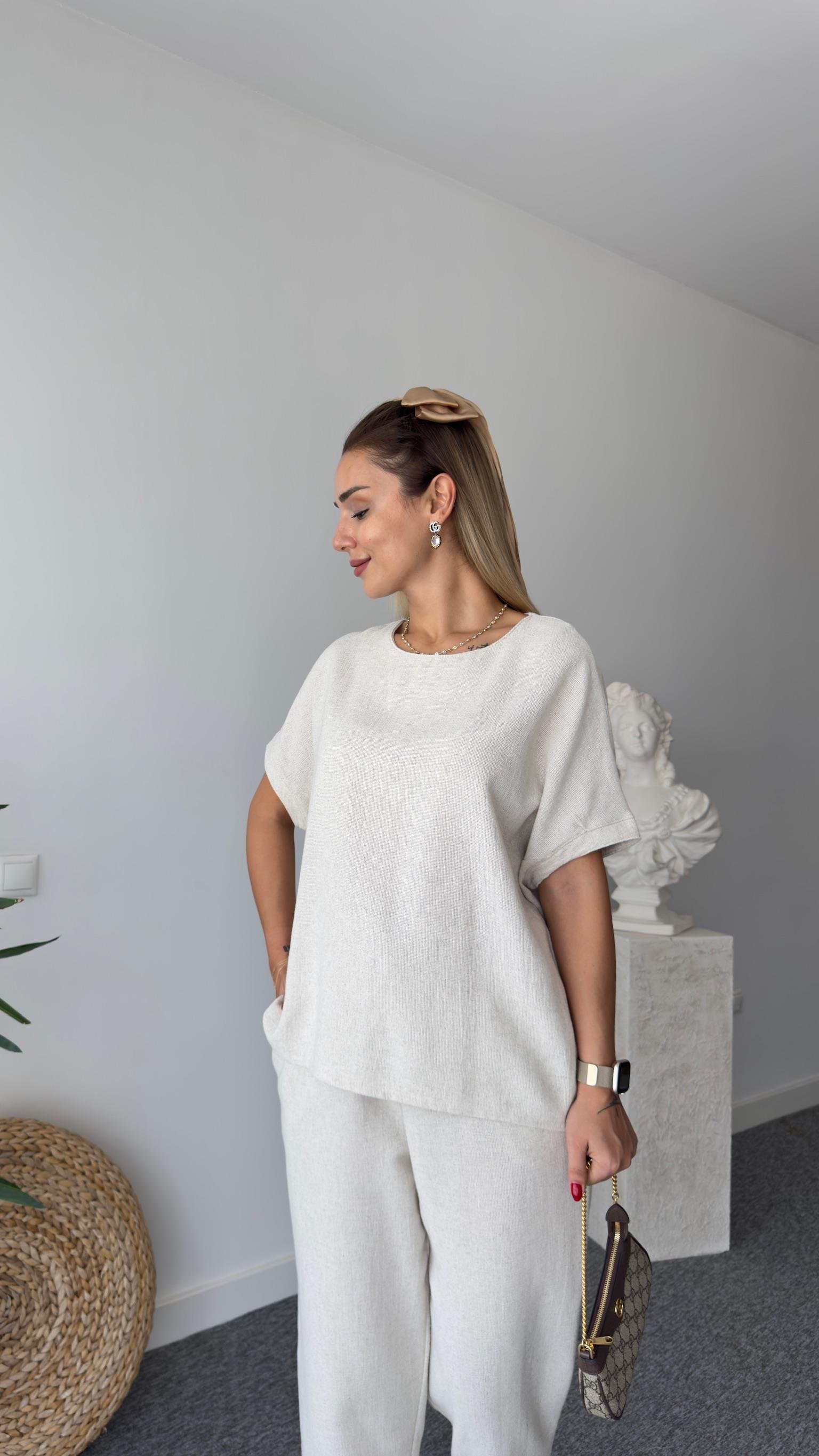 Nujo Kısa Kollu Bej Keten Takım