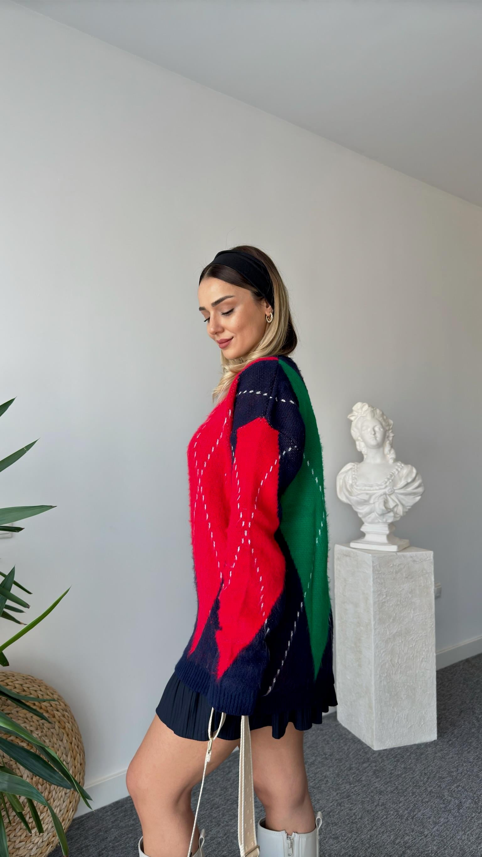 Kırmız Yeşil Baklava Desenli Kazak