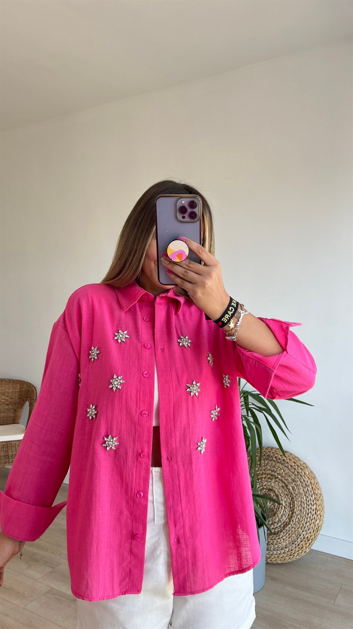 Taş İşleme Detaylı Pembe Keten Gömlek