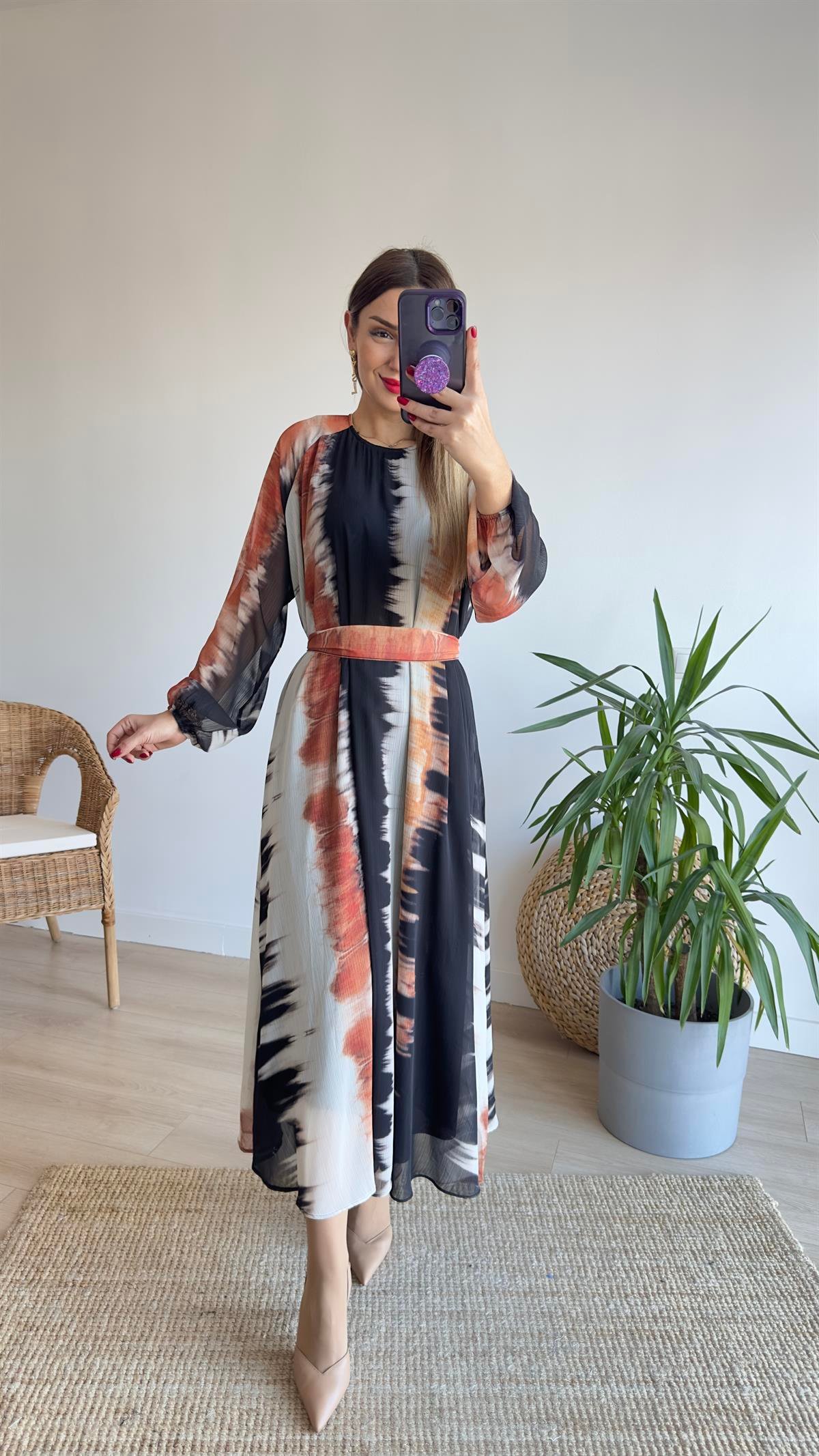 Batik Desen Maxi Şifon Elbise 