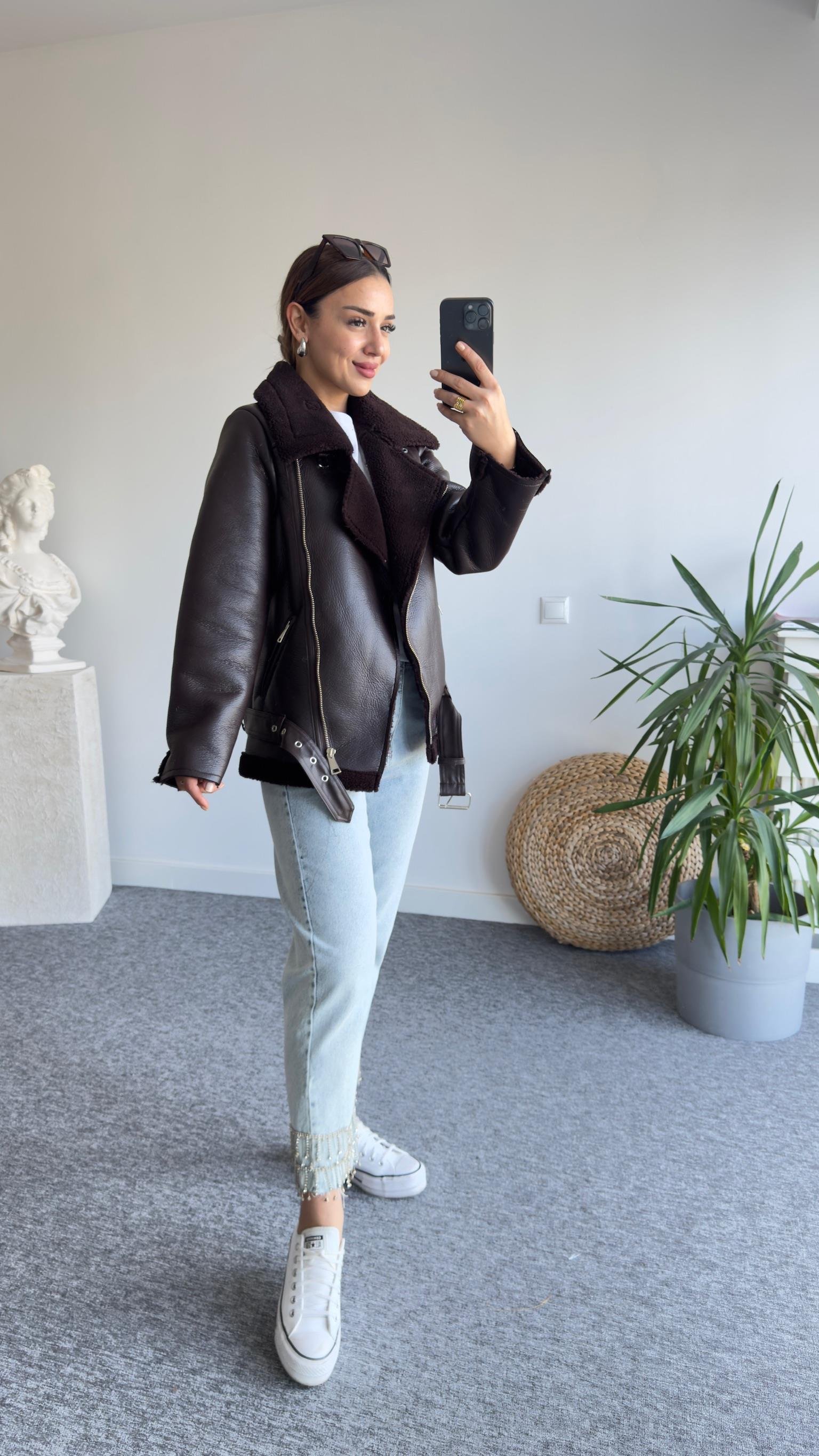 Zra Model Kemerli Kahve Biker Mont