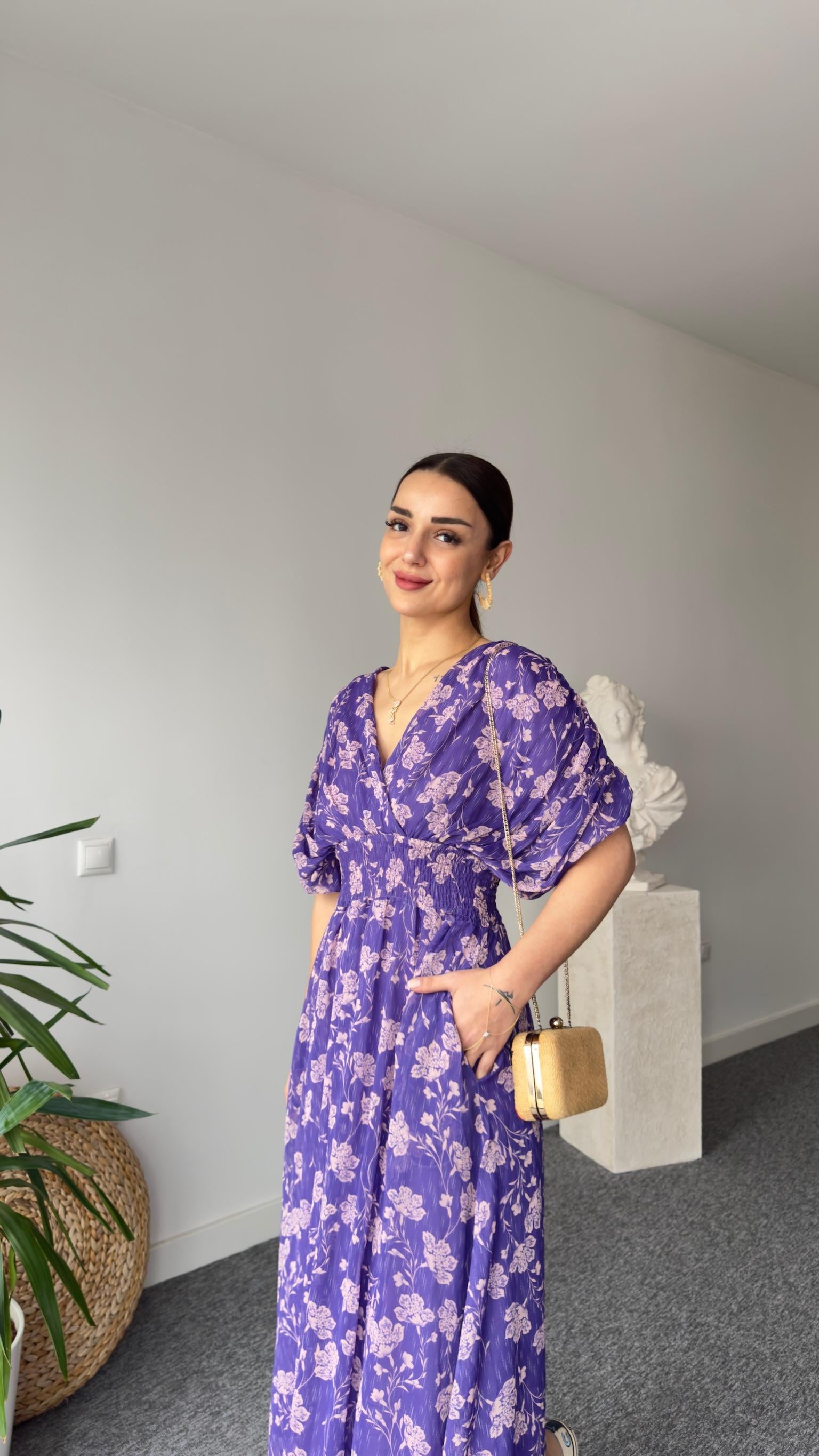 Çiçek Desen Bel Büzgü Lila Maxi Elbise 