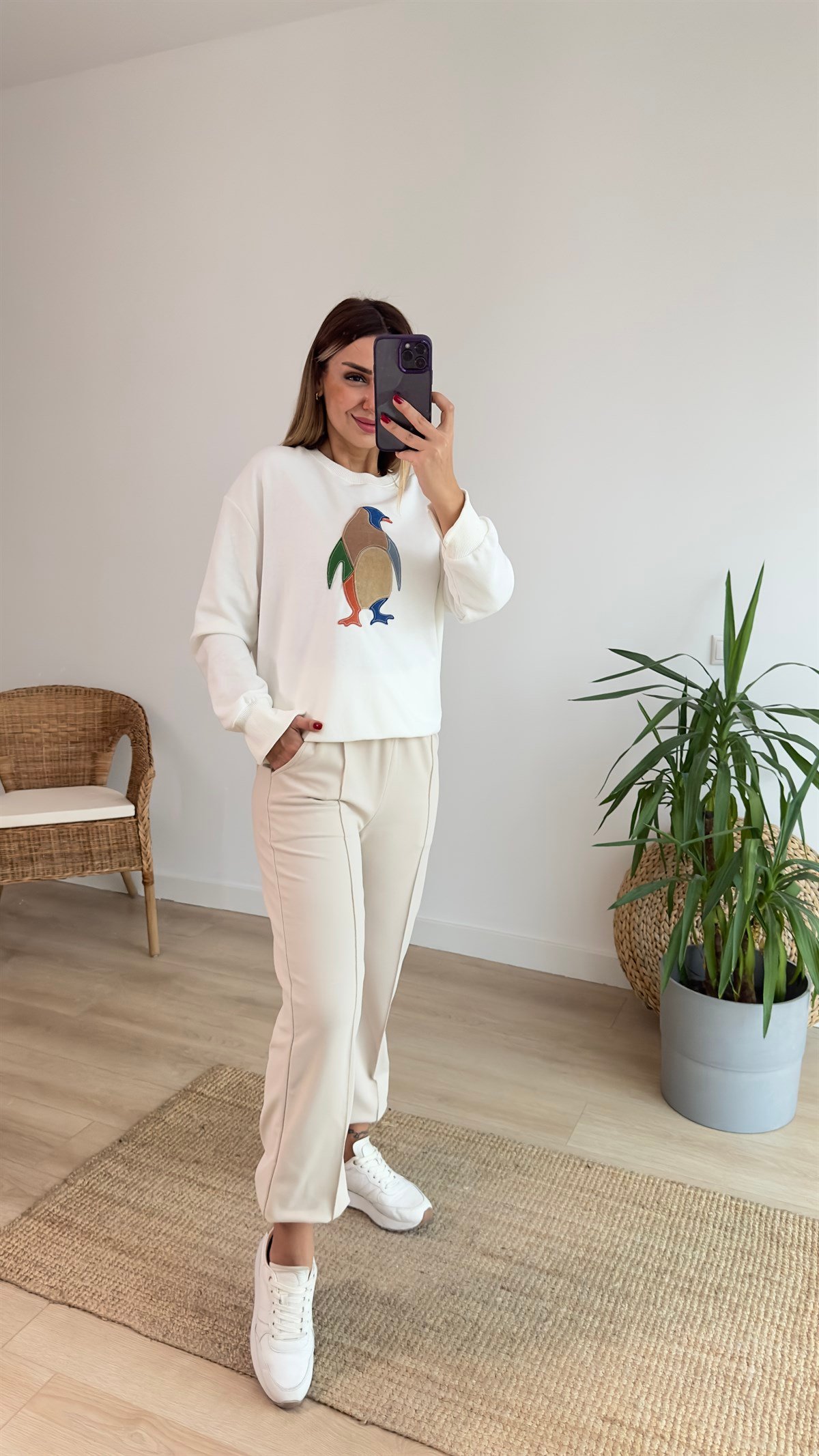 Penguen Baskılı Beyaz Sweat