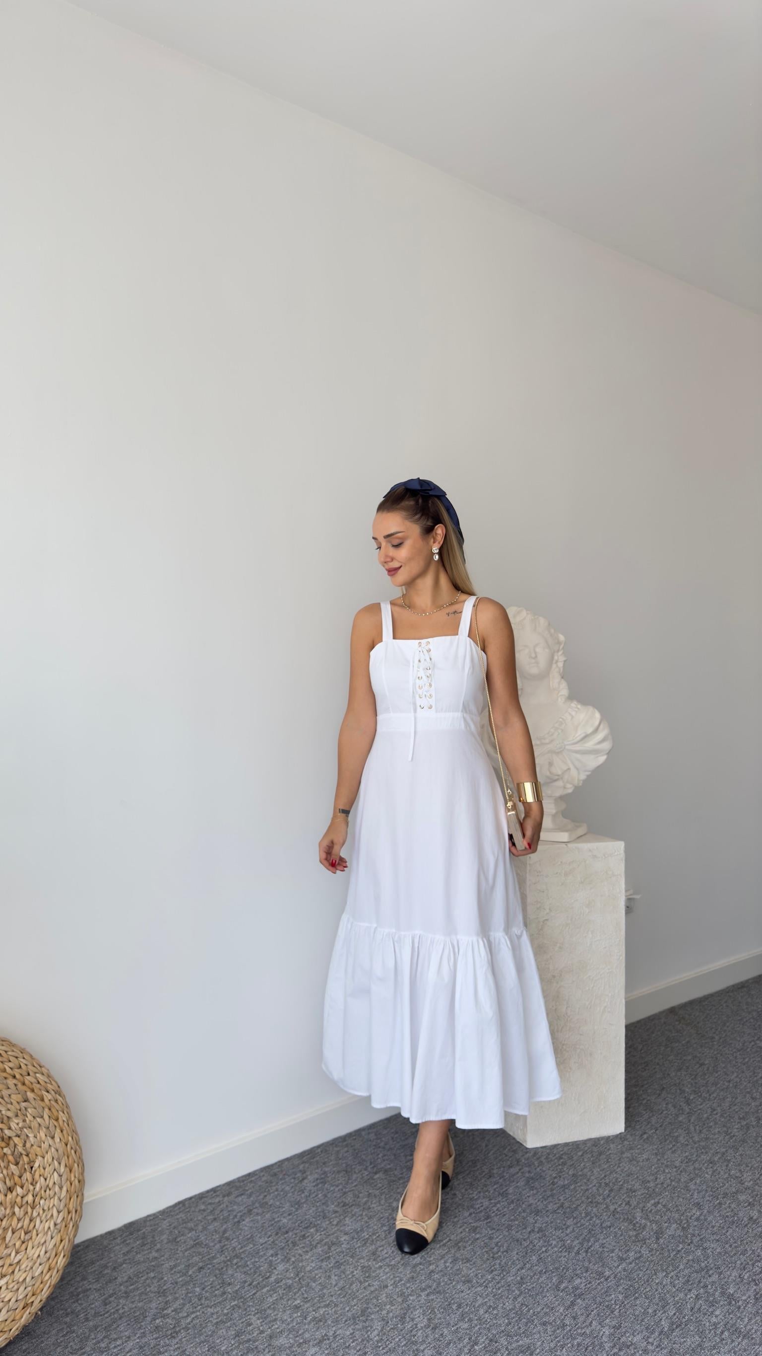 Orj Model Kuş Gözlü Beyaz Elbise 