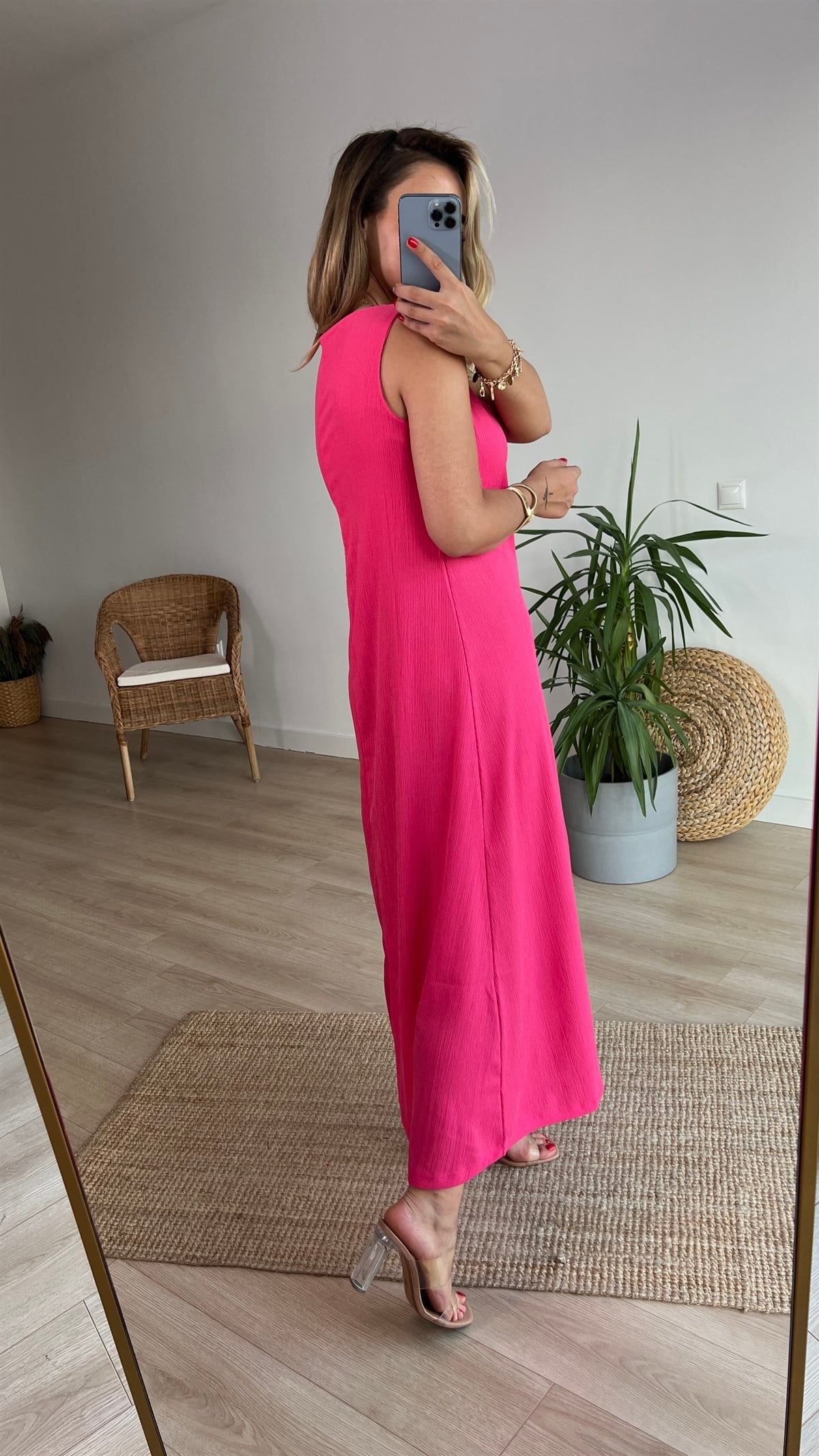 Kolsuz V Yaka Pembe Maxi Elbise