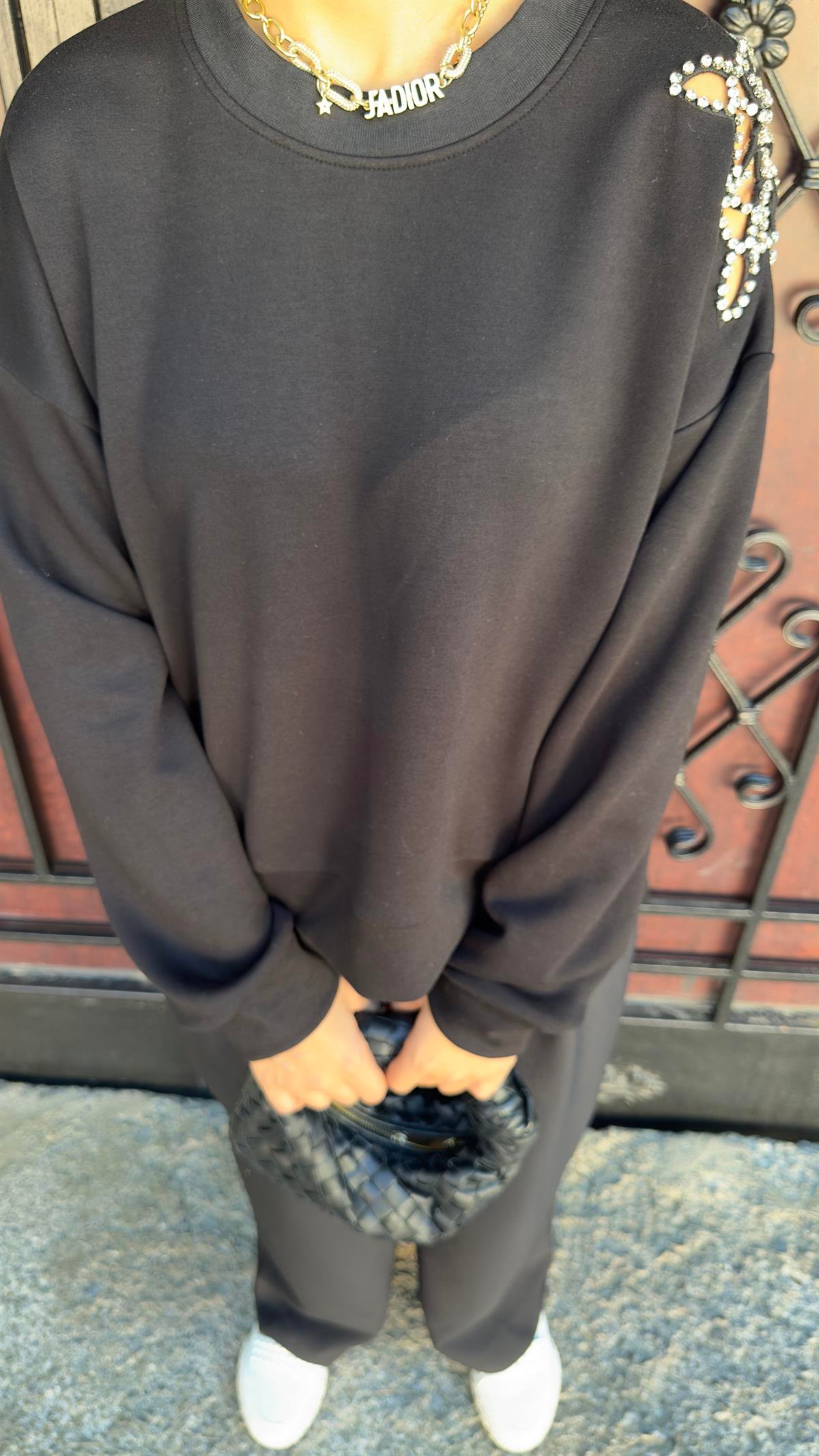 Omuz Detay Orj Model Siyah Sweat
