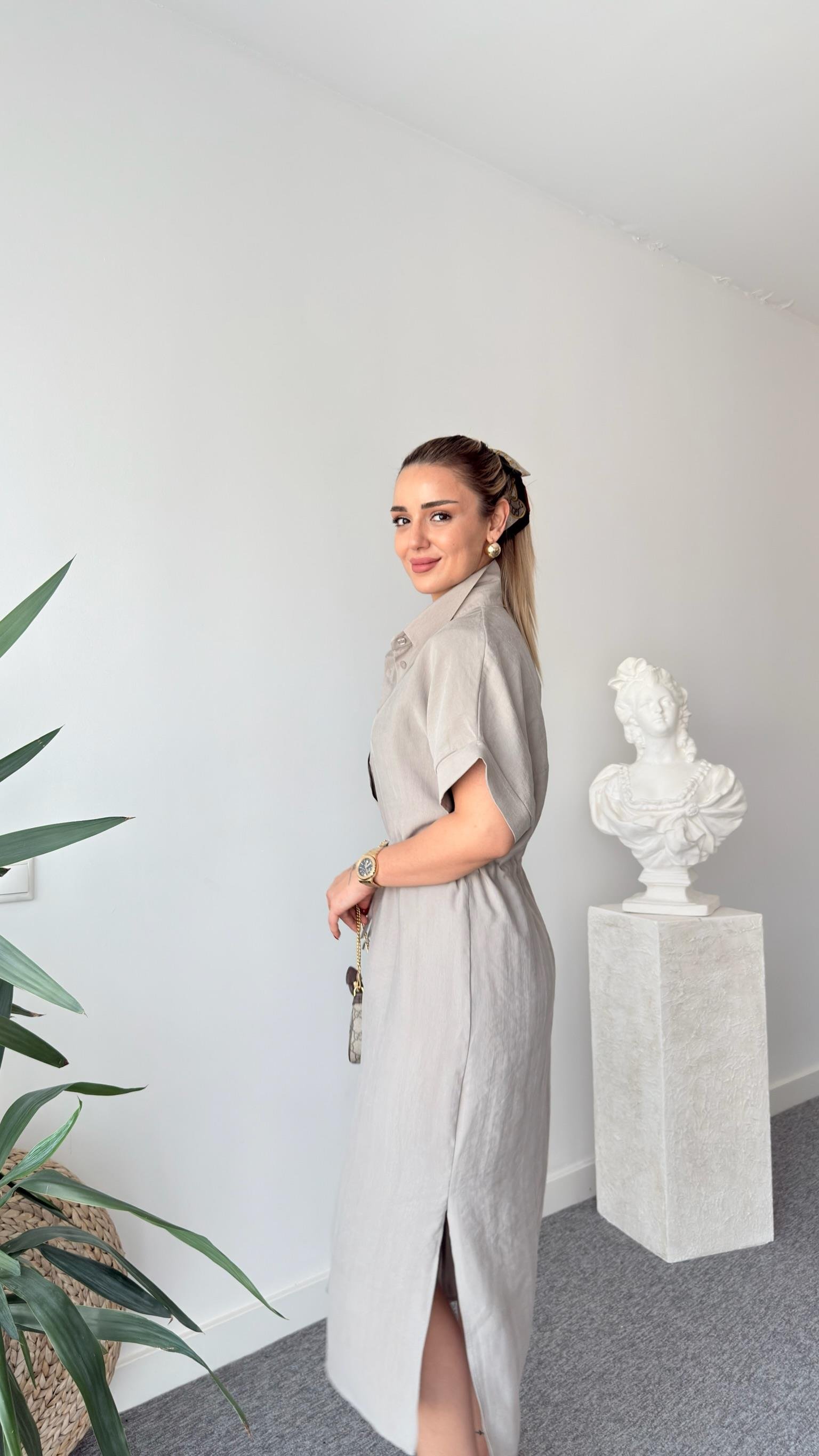 Açık Haki Toles Bel Büzgülü Massi Elbise 