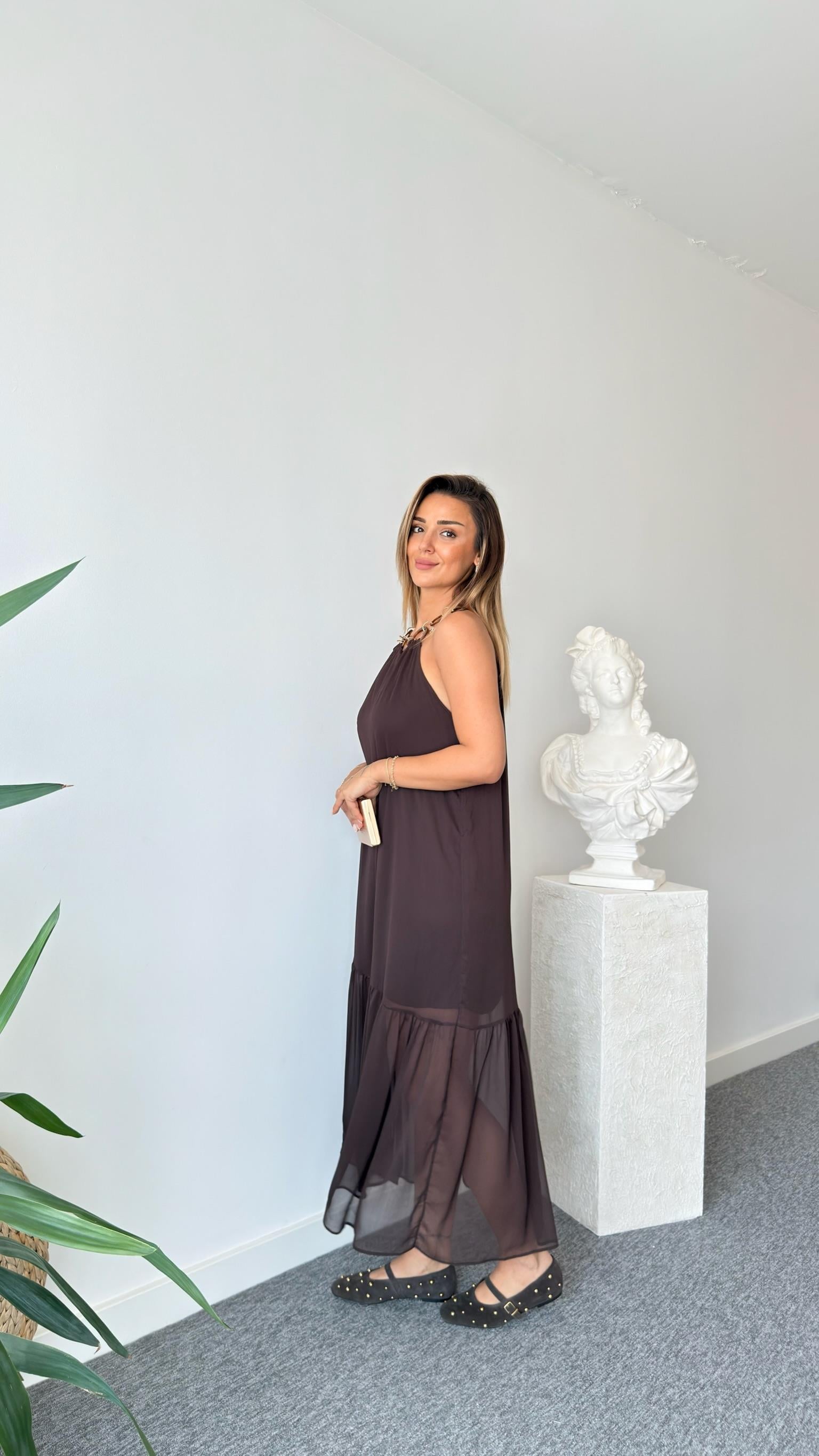 Halka Detaylı Astarlı Kahve Elbise