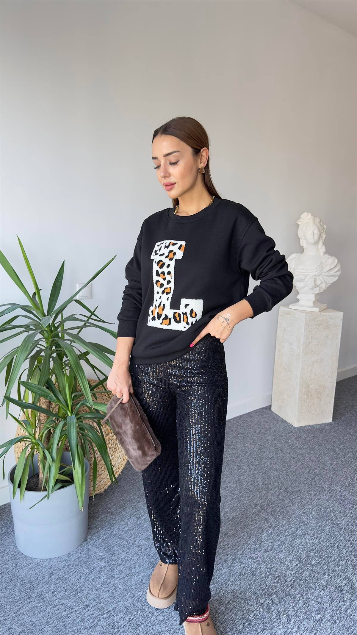 L Baskı Leopar Detay Siyah Zra Sweat