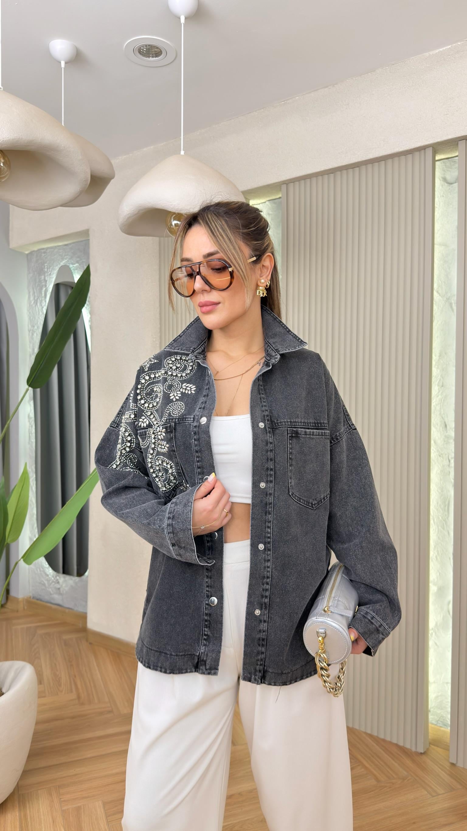 Antrasit Prela Taş Motif İşlemeli Kot Ceket 