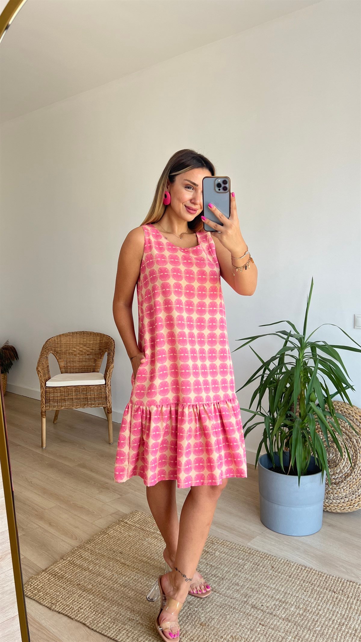 Pembe Desenli Cepli Keten Elbise