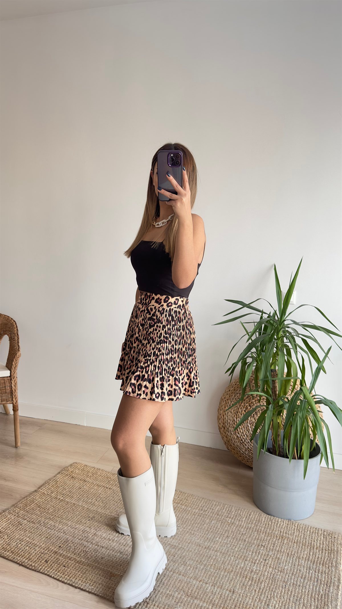 Piliseli Leopar Desenli Şort Etek