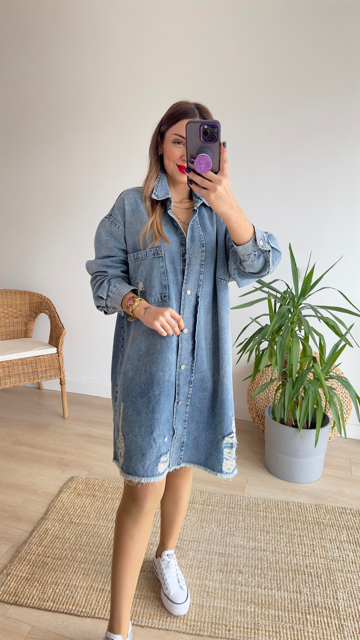 Yırtıklı Salaş Denim Elbise 