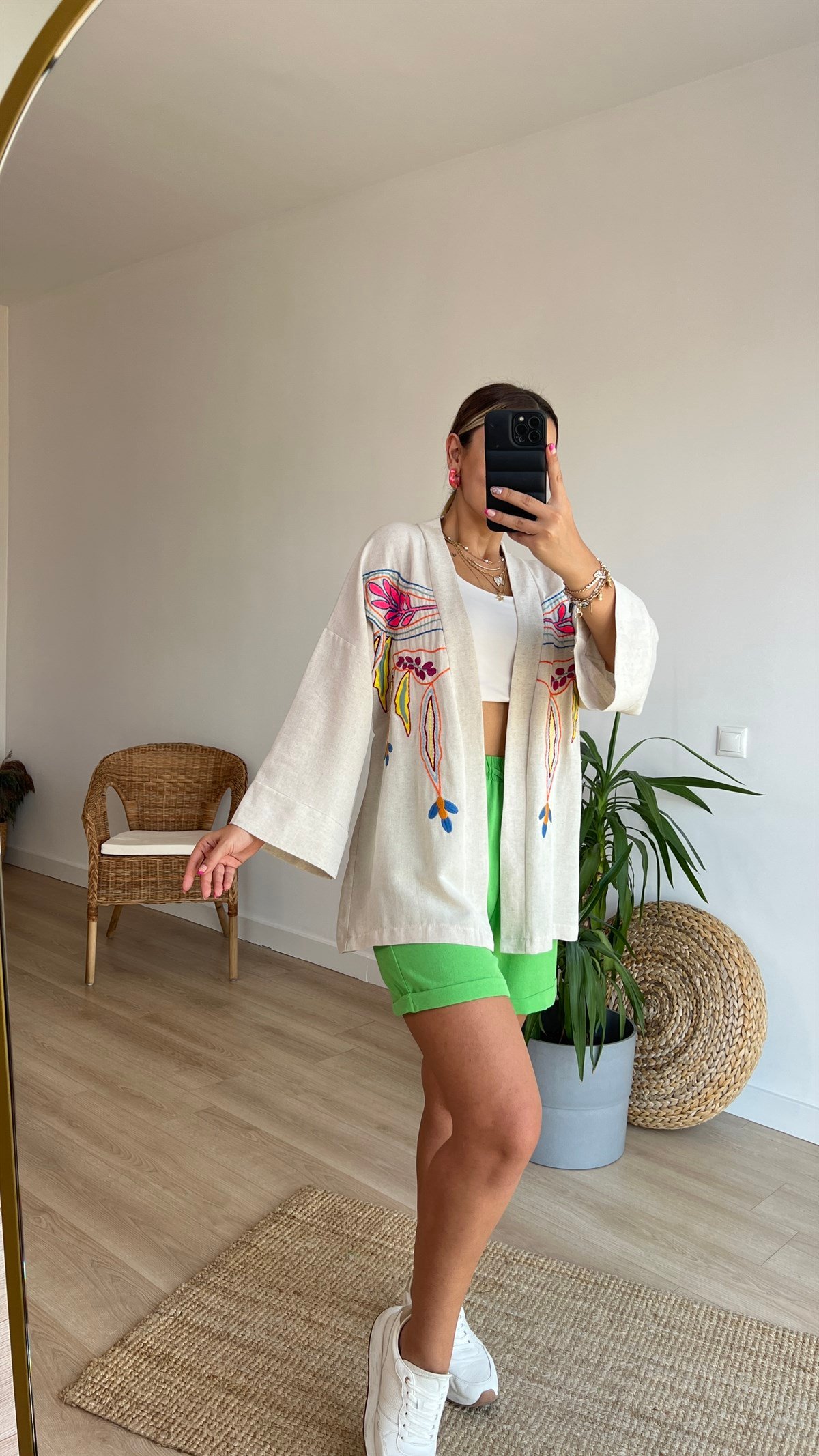 Renkli Nakış Detaylı Keten Kimono