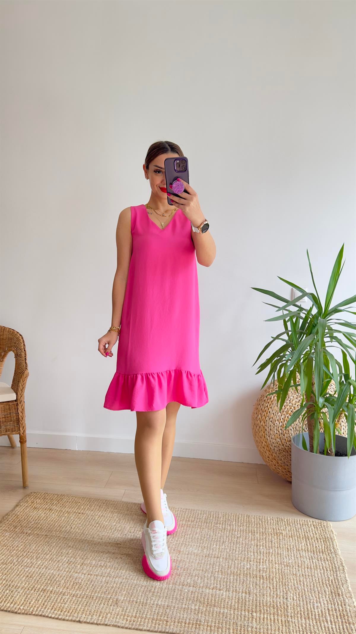 Vita V Yaka Kolsuz Pembe Basic Elbise 